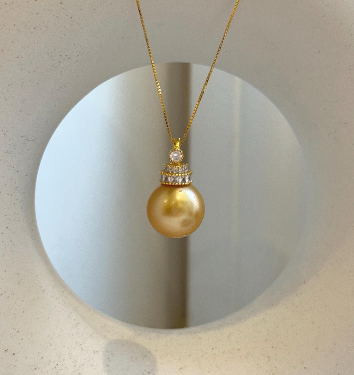 Elly’s 15mm Huge South Sea deep Gold ocean Pearl pendant: Extreme luster mirrored. S925 silver pendant necklace set. Valentine’s Day gift