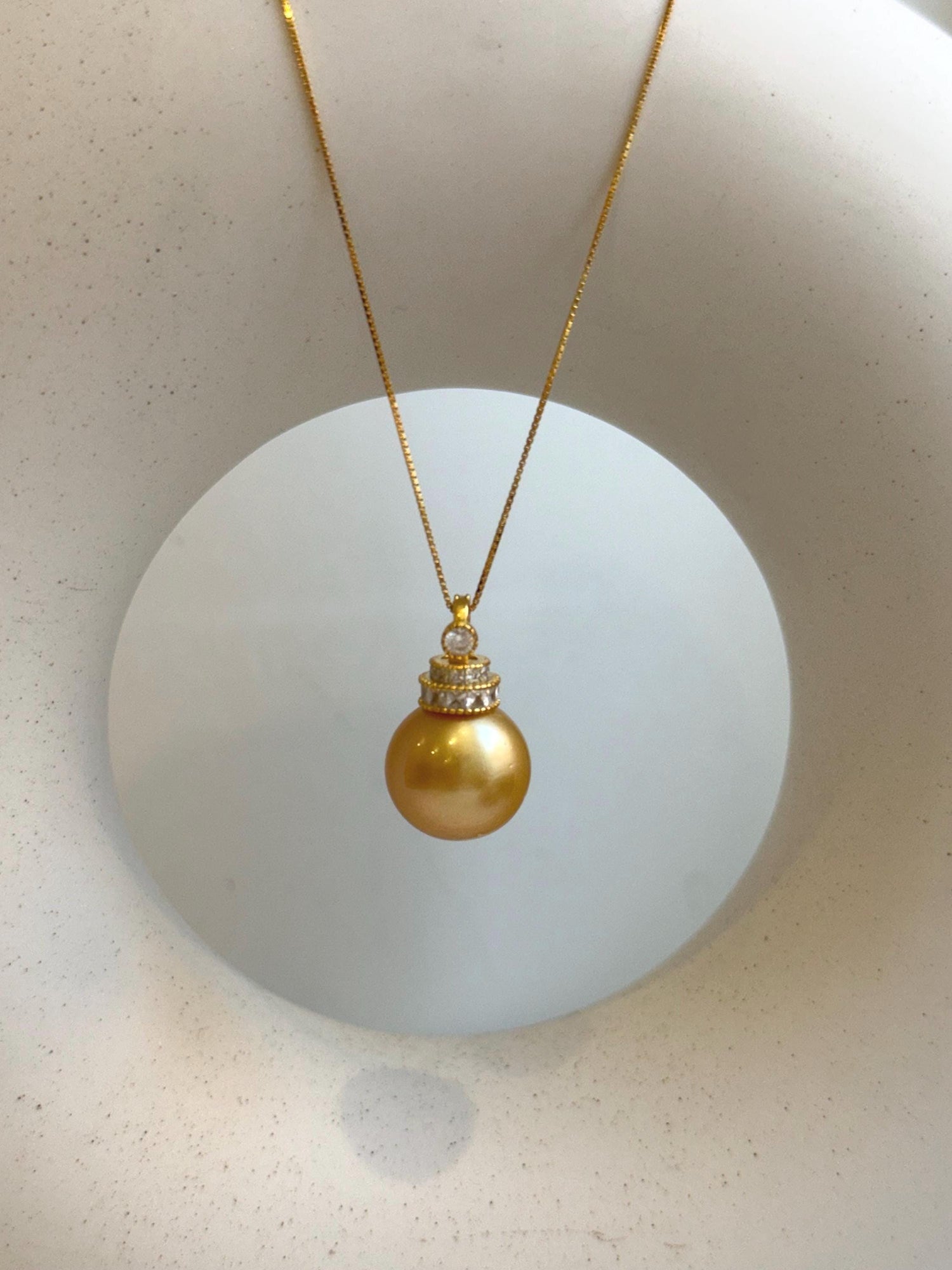 Elly’s 15mm Huge South Sea deep Gold ocean Pearl pendant: Extreme luster mirrored. S925 silver pendant necklace set. Valentine’s Day gift for her