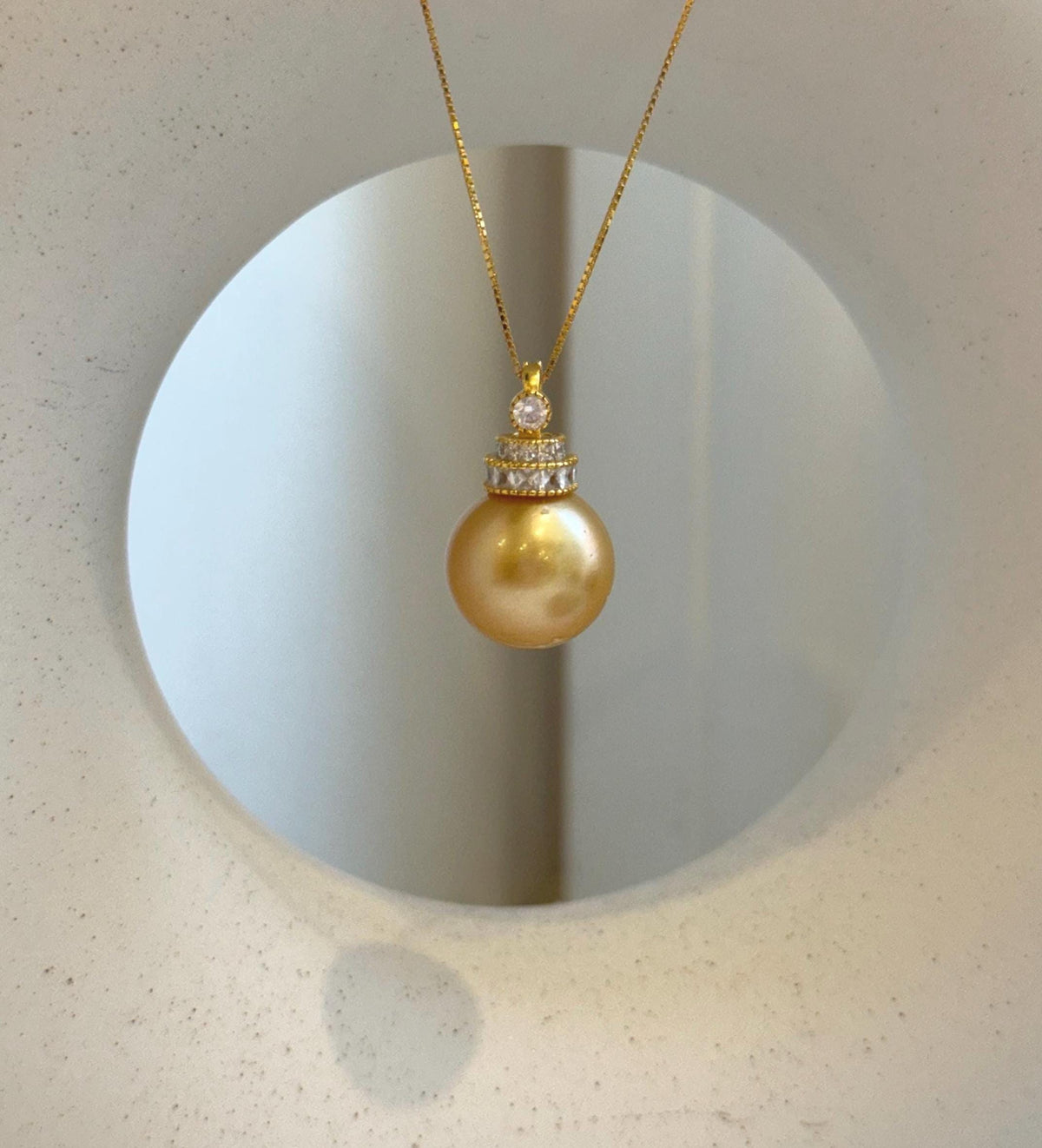 Elly’s 15mm Huge South Sea deep Gold ocean Pearl pendant: Extreme luster mirrored. S925 silver pendant necklace set. Valentine’s Day gift for her