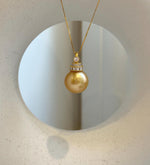 Elly’s 15mm Huge South Sea deep Gold ocean Pearl pendant: Extreme luster mirrored. S925 silver pendant necklace set. Valentine’s Day gift for her