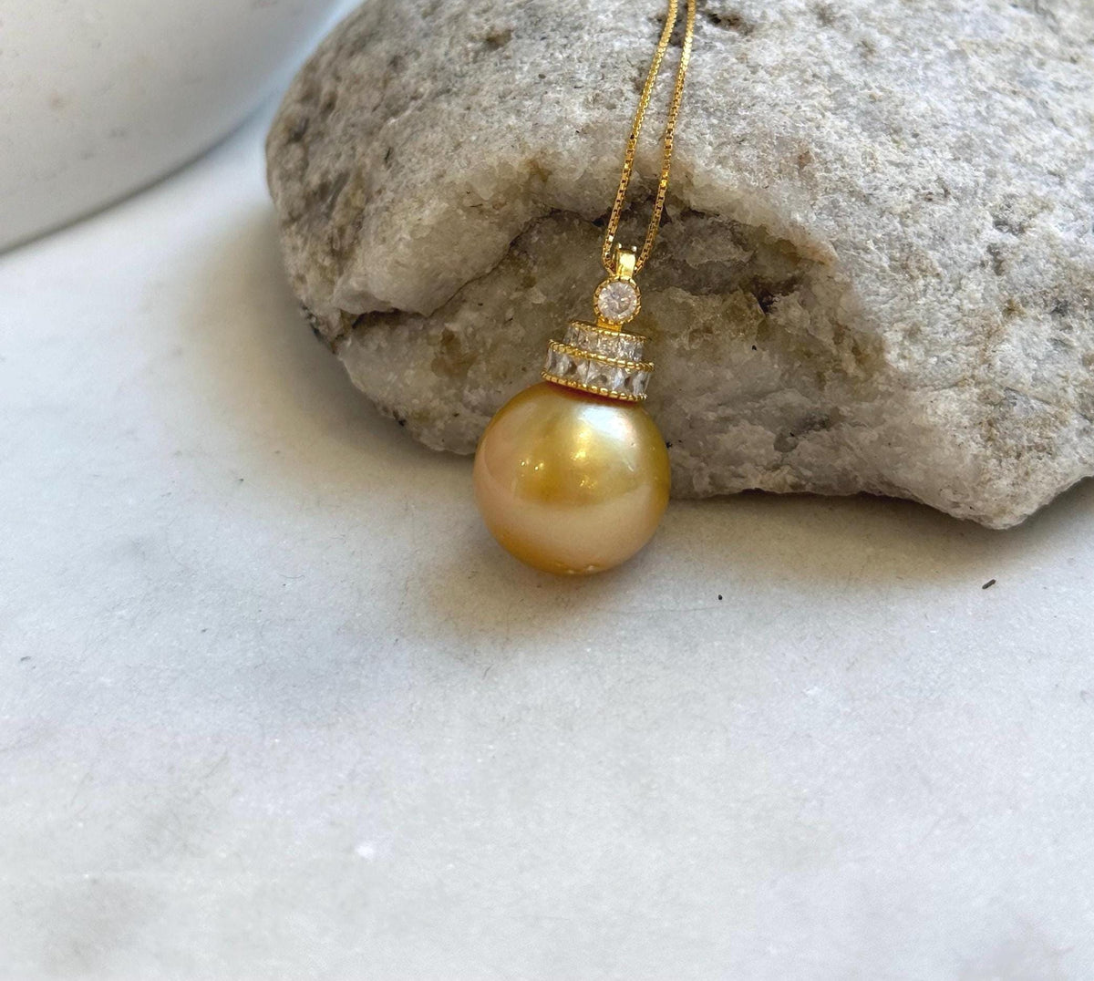 Elly’s 15mm Huge South Sea deep Gold ocean Pearl pendant: Extreme luster mirrored. S925 silver pendant necklace set. Valentine’s Day gift for her