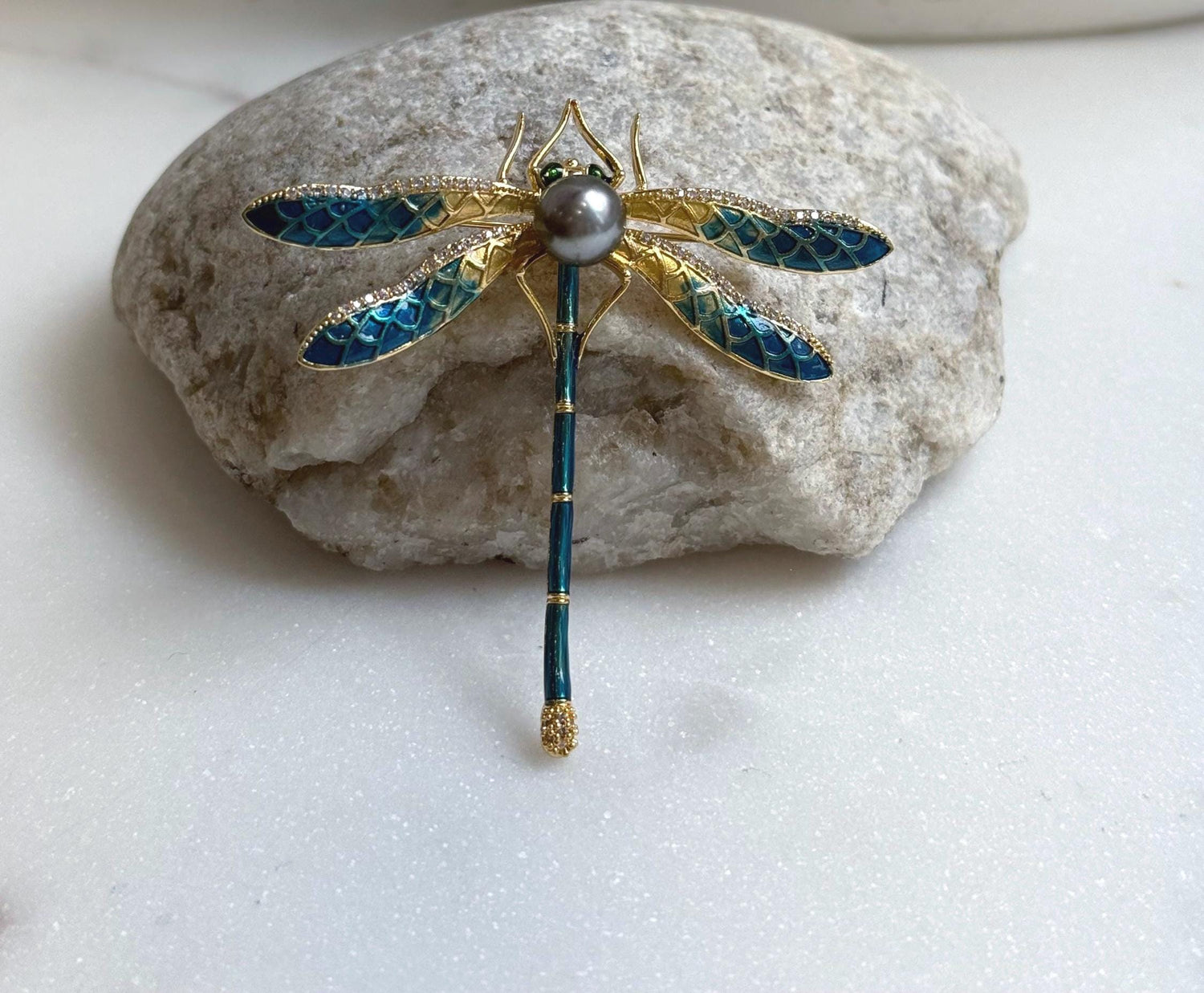 Elly’s 8.5mm Tahitian platinum Ocean Dragonfly Brooch Pendant 2in1: Extreme Luster mirrored, 6x7.5cm, daily black cool brooch