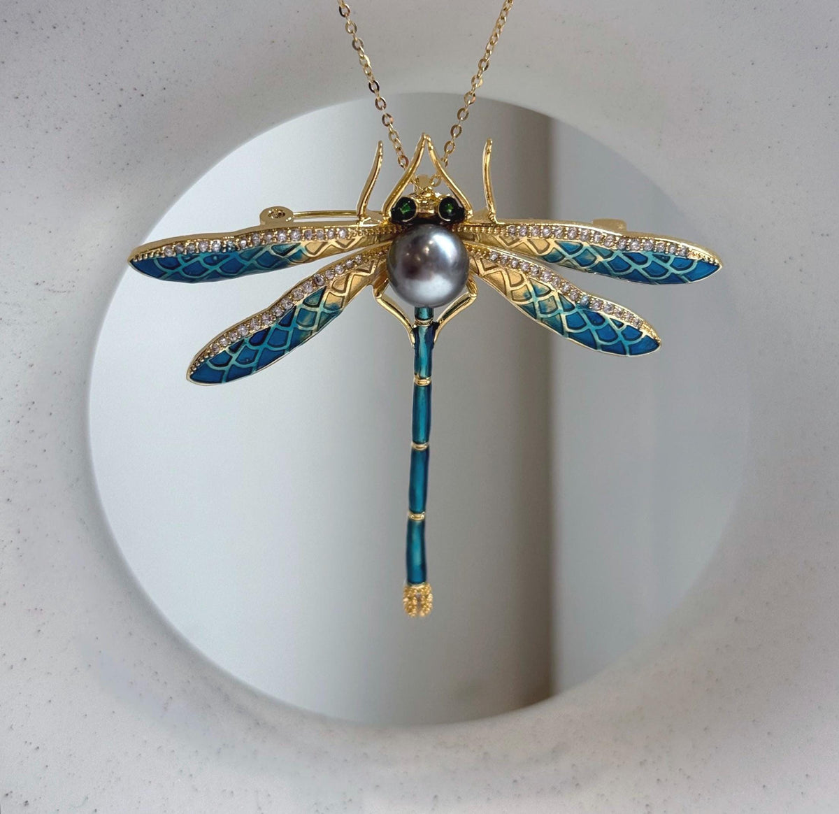 Elly’s 8.5mm Tahitian platinum Ocean Dragonfly Brooch Pendant 2in1: Extreme Luster mirrored, 6x7.5cm, daily office black cool brooch