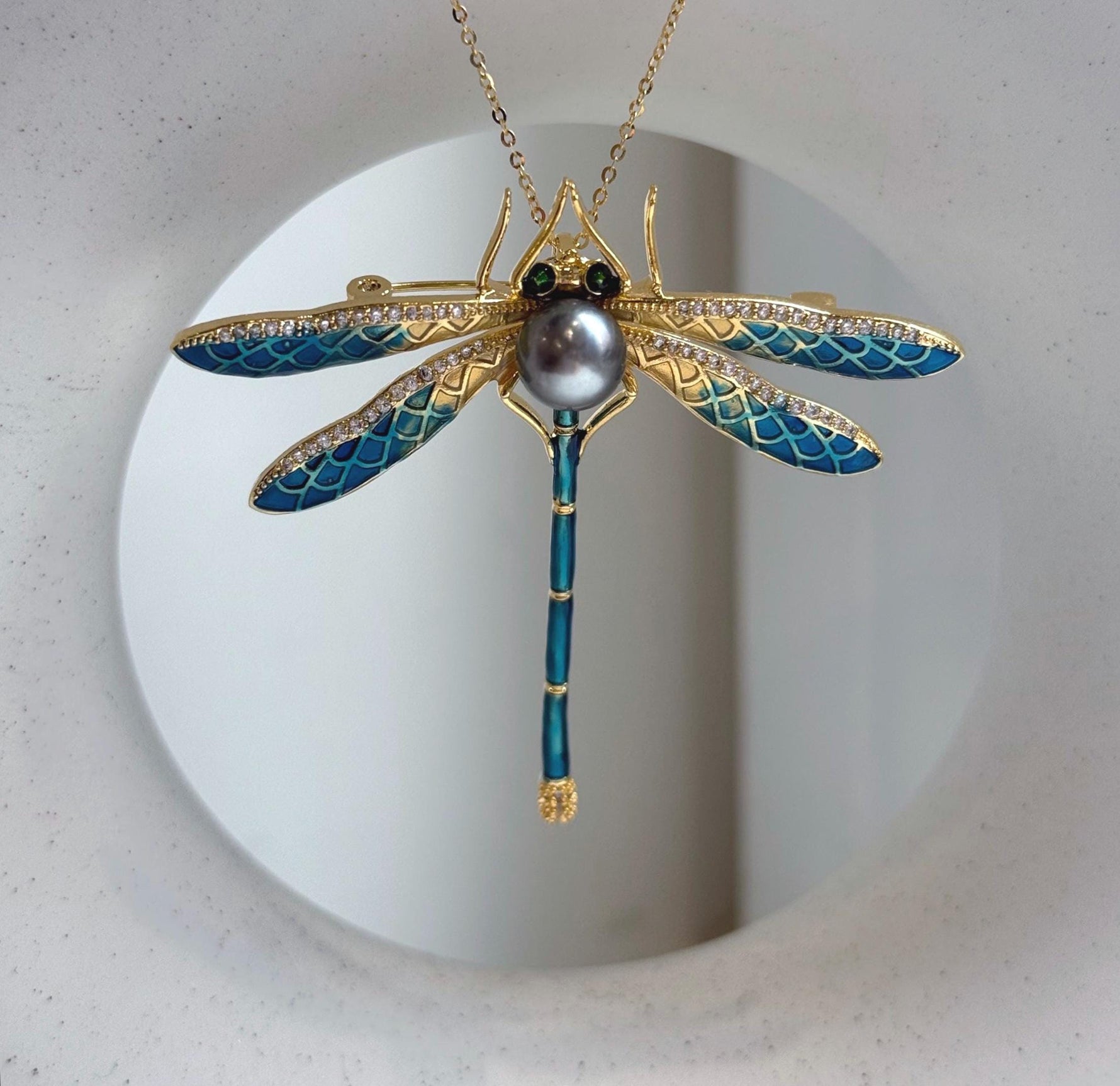 Elly’s 8.5mm Tahitian platinum Ocean Dragonfly Brooch Pendant 2in1: Extreme Luster mirrored, 6x7.5cm, daily office black cool brooch