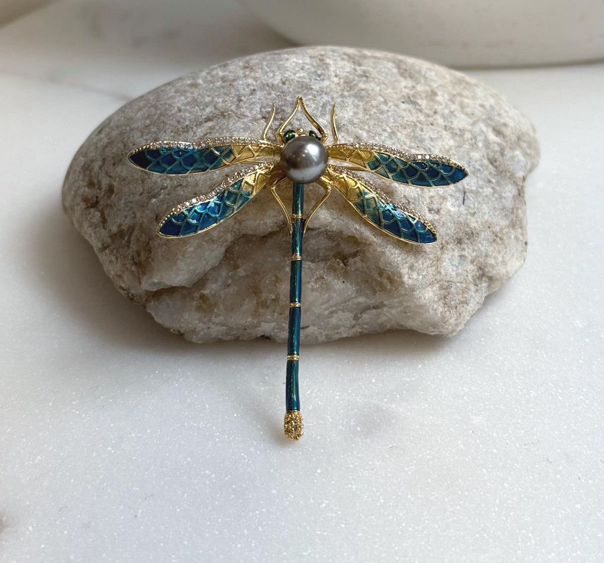 Elly’s 8.5mm Tahitian platinum Ocean Dragonfly Brooch Pendant 2in1: Extreme Luster mirrored, 6x7.5cm, daily black cool brooch