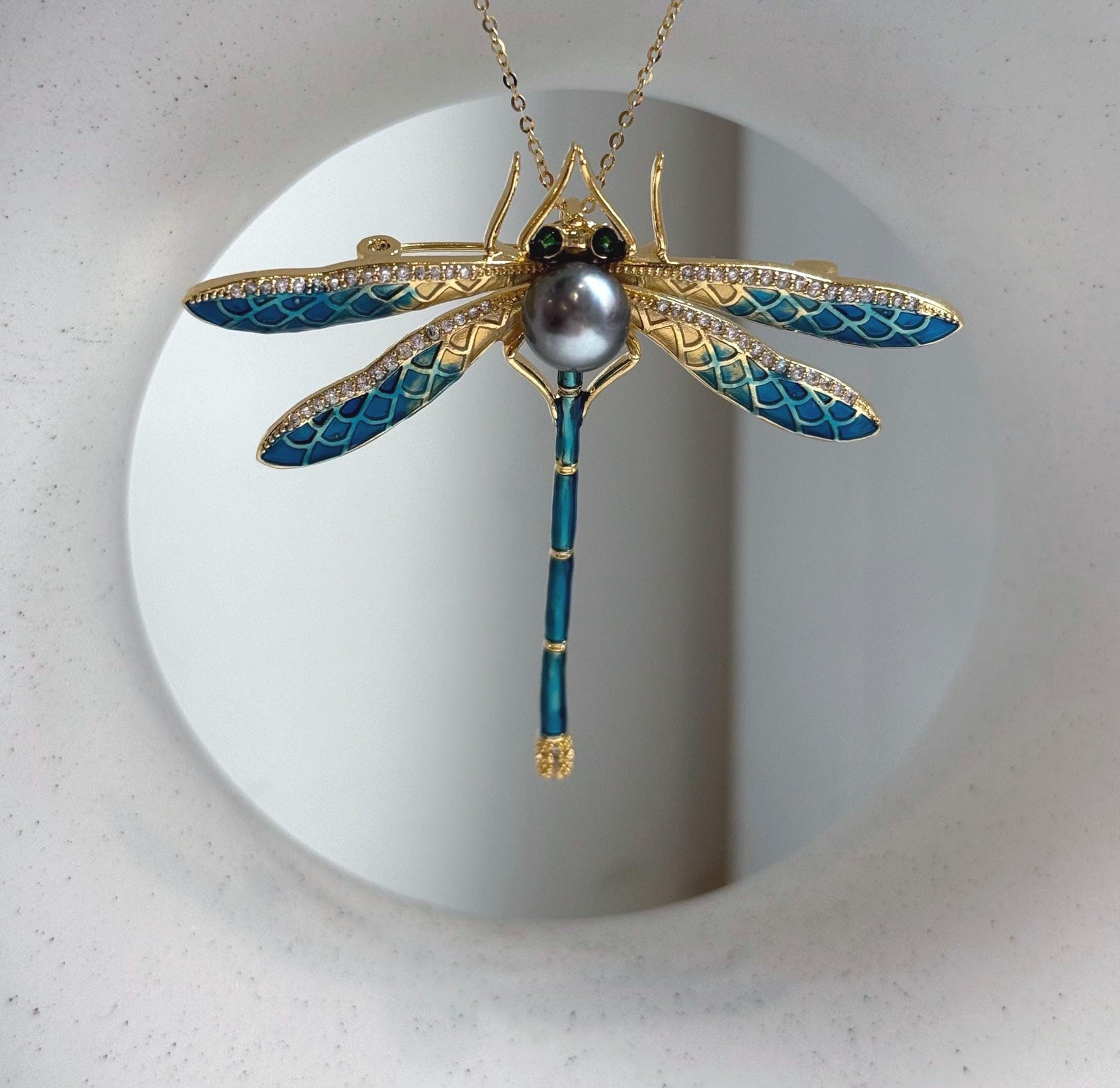 Elly’s 8.5mm Tahitian platinum Ocean Dragonfly Brooch Pendant 2in1: Extreme Luster mirrored, 6x7.5cm, daily black cool brooch