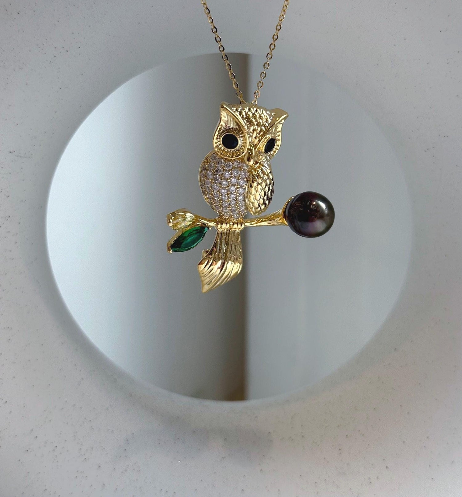 Elly’s 8.8mm Tahitian chocolate hunter Ocean Owl Brooch Pendant 2in1: Extreme Luster mirrored, 3.2x4.2cm, daily office cool brooch