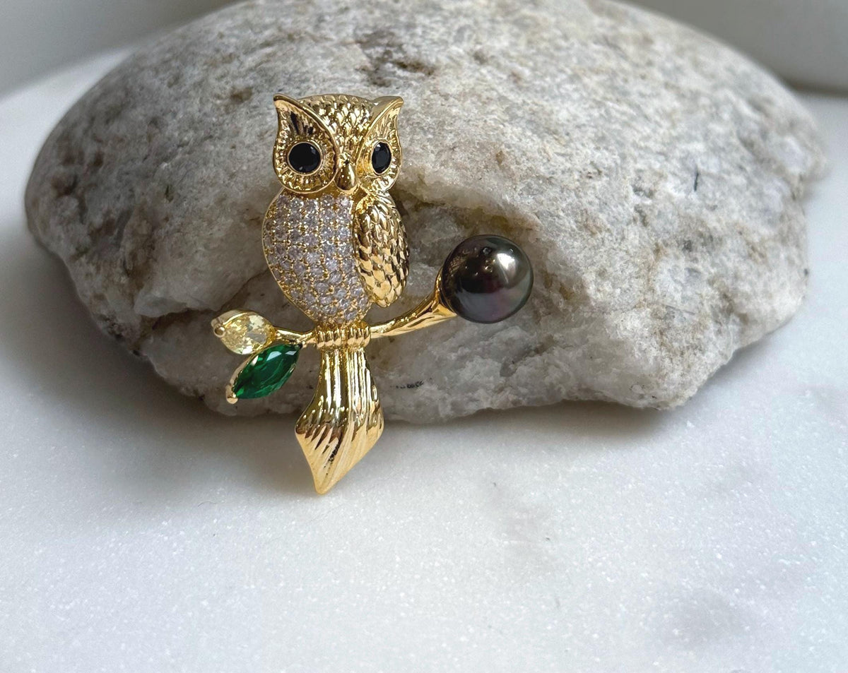 Elly’s 8.8mm Tahitian chocolate hunter Ocean Owl Brooch Pendant 2in1: Extreme Luster mirrored, 3.2x4.2cm, daily office cool black owls brooch