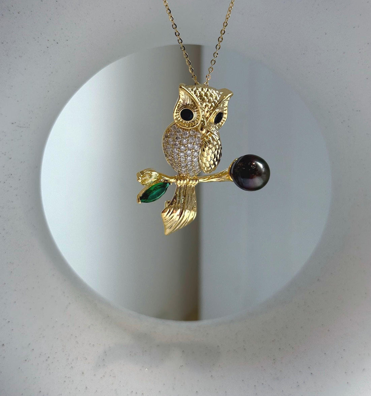 Elly’s 8.8mm Tahitian chocolate hunter Ocean Owl Brooch Pendant 2in1: Extreme Luster mirrored, 3.2x4.2cm, daily office cool brooch