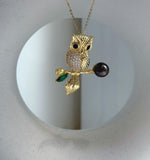 Elly’s 8.8mm Tahitian chocolate hunter Ocean Owl Brooch Pendant 2in1: Extreme Luster mirrored, 3.2x4.2cm, daily office cool brooch