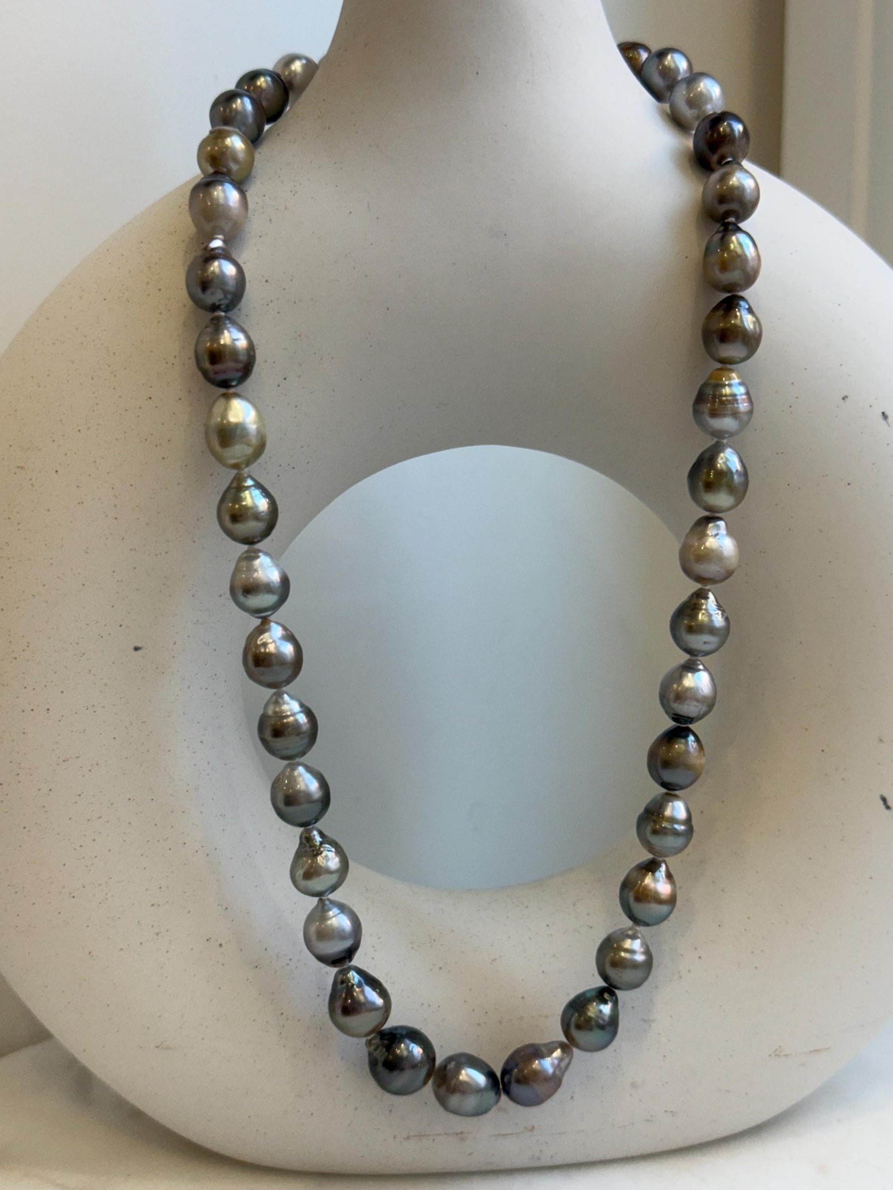 Elly’s 8.2-10.4mm 39pcs Tahitian multicolor Ocean pearls necklace: Extreme luster, Hand knotted, 17.6”, S925 silver necklace strand, gift for her anniversary