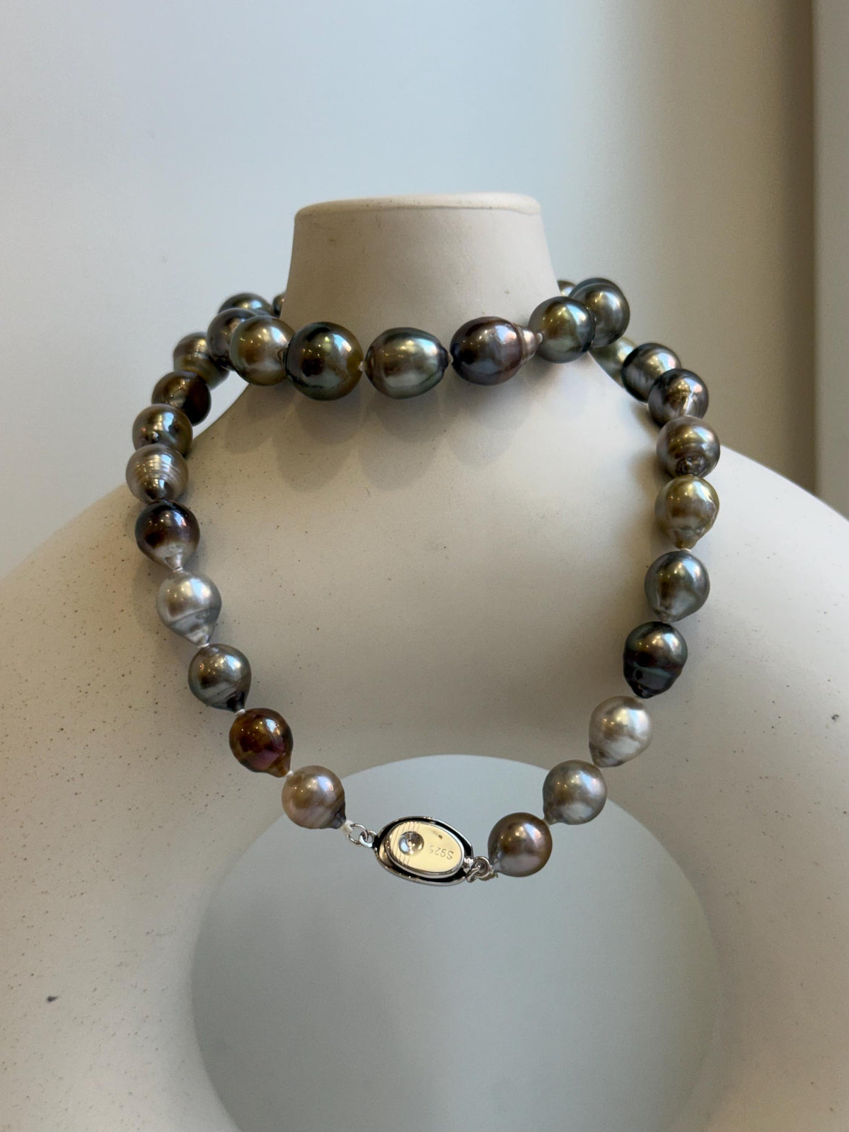 Elly’s 8.2-10.4mm 39pcs Tahitian multicolor Ocean pearls necklace: Extreme luster, Hand knotted, 17.6”, S925 silver necklace strand, gift for her