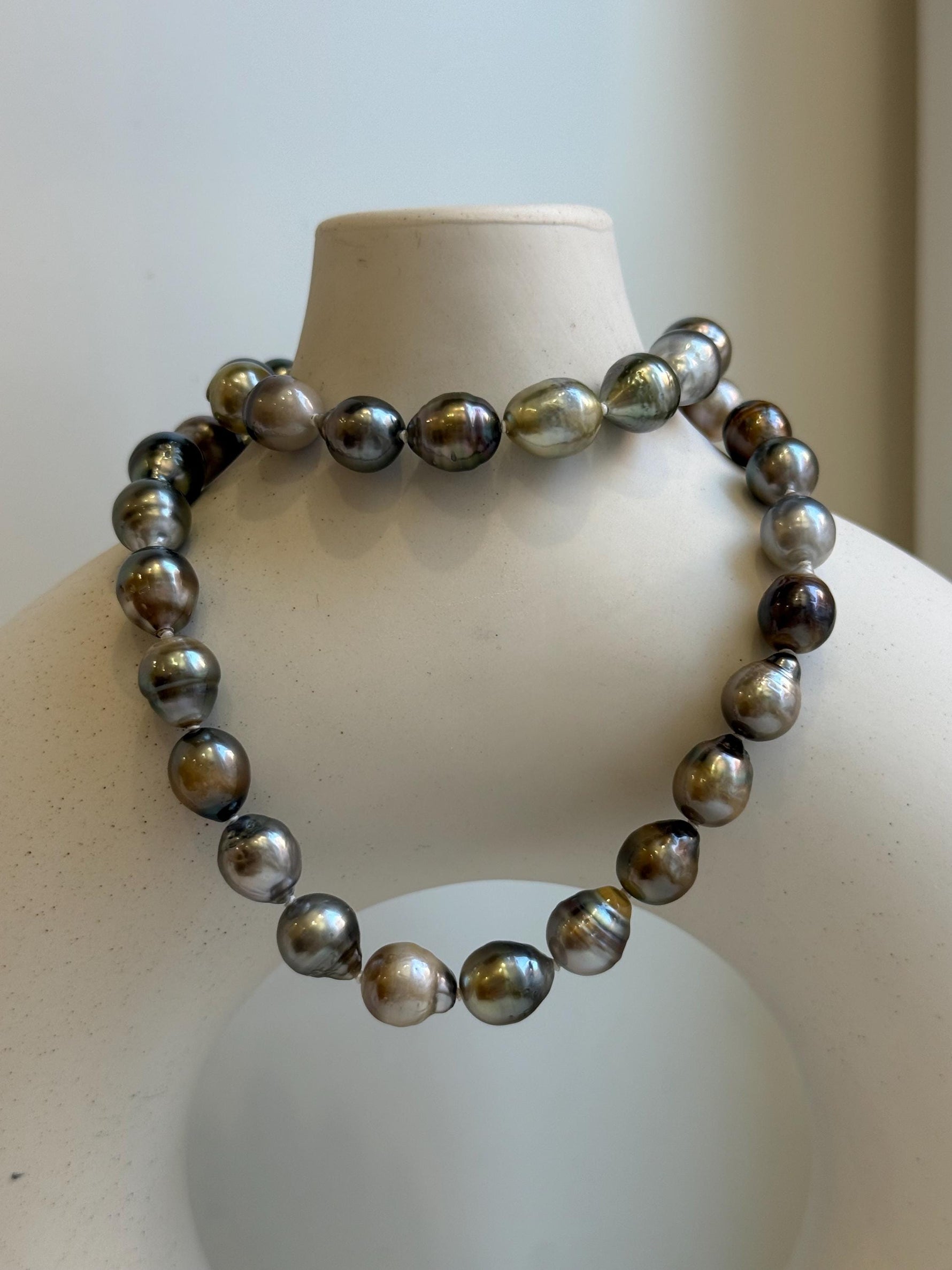 Elly’s 8.2-10.4mm 39pcs Tahitian multicolor Ocean pearls necklace: Extreme luster, Hand knotted, 17.6”, S925 silver necklace strand, gift for her