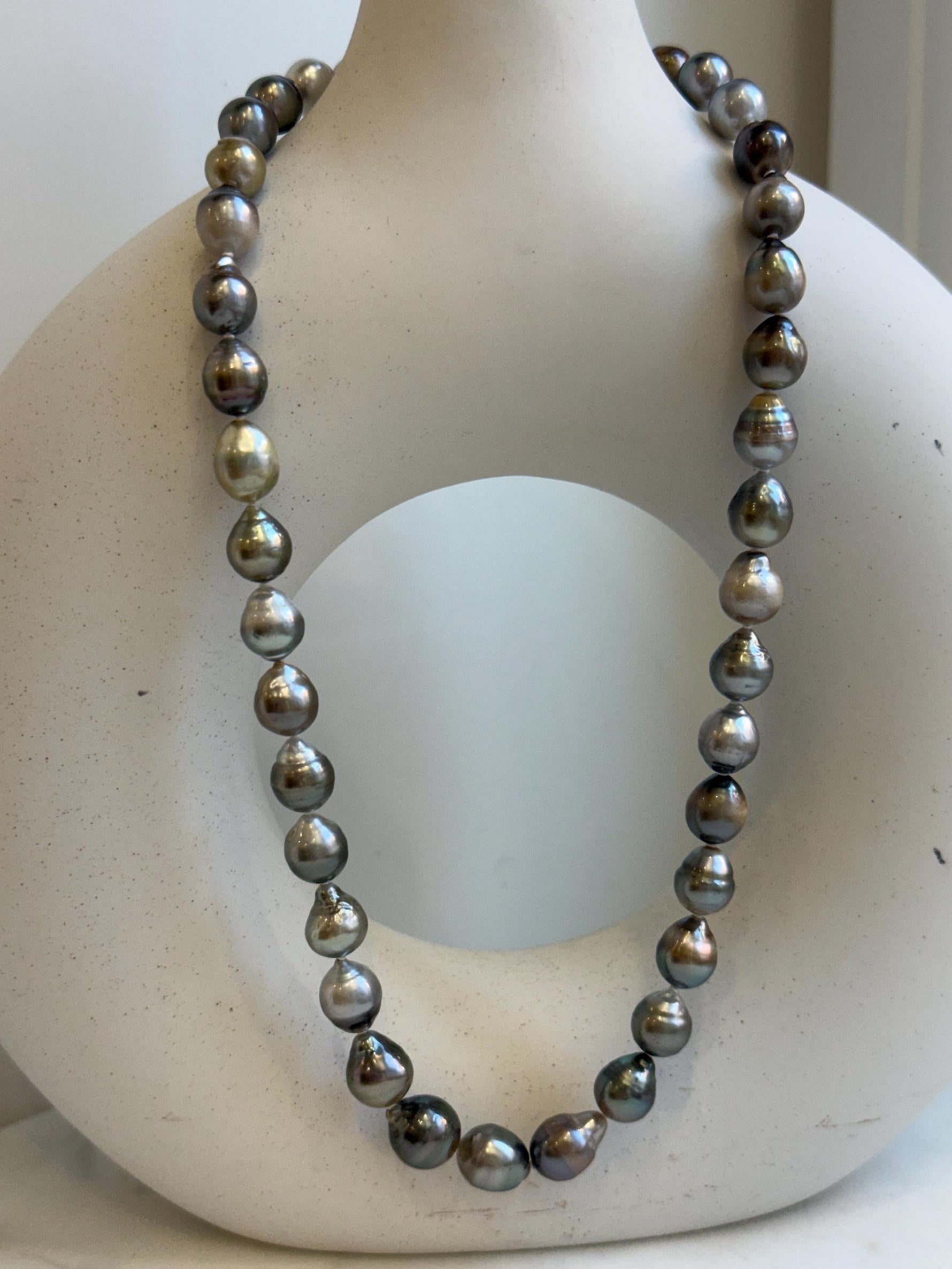 Elly’s 8.2-10.4mm 39pcs Tahitian multicolor Ocean pearls necklace: Extreme luster, Hand knotted, 17.6”, S925 silver necklace strand, gift for her