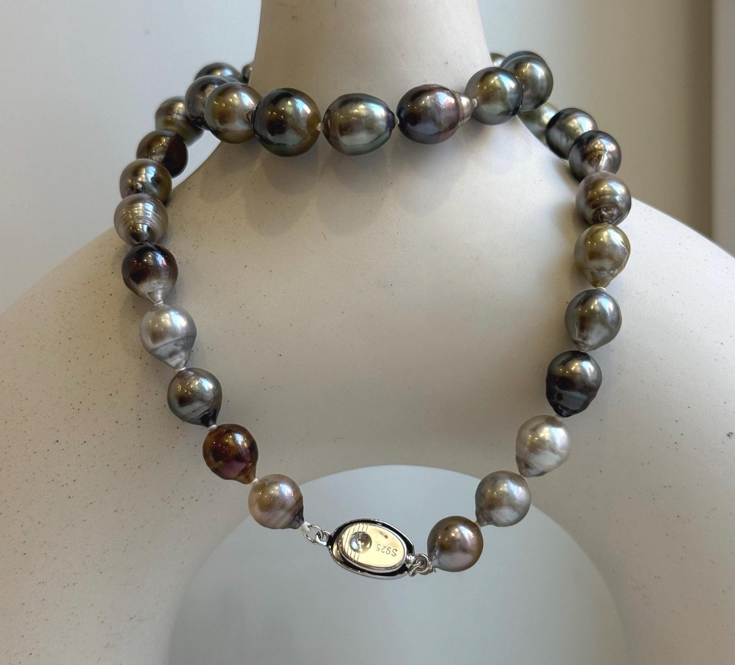 Elly’s 8.2-10.4mm 39pcs Tahitian multicolor Ocean pearls necklace: Extreme luster, Hand knotted, 17.6”, S925 silver necklace strand, gift for her birthday