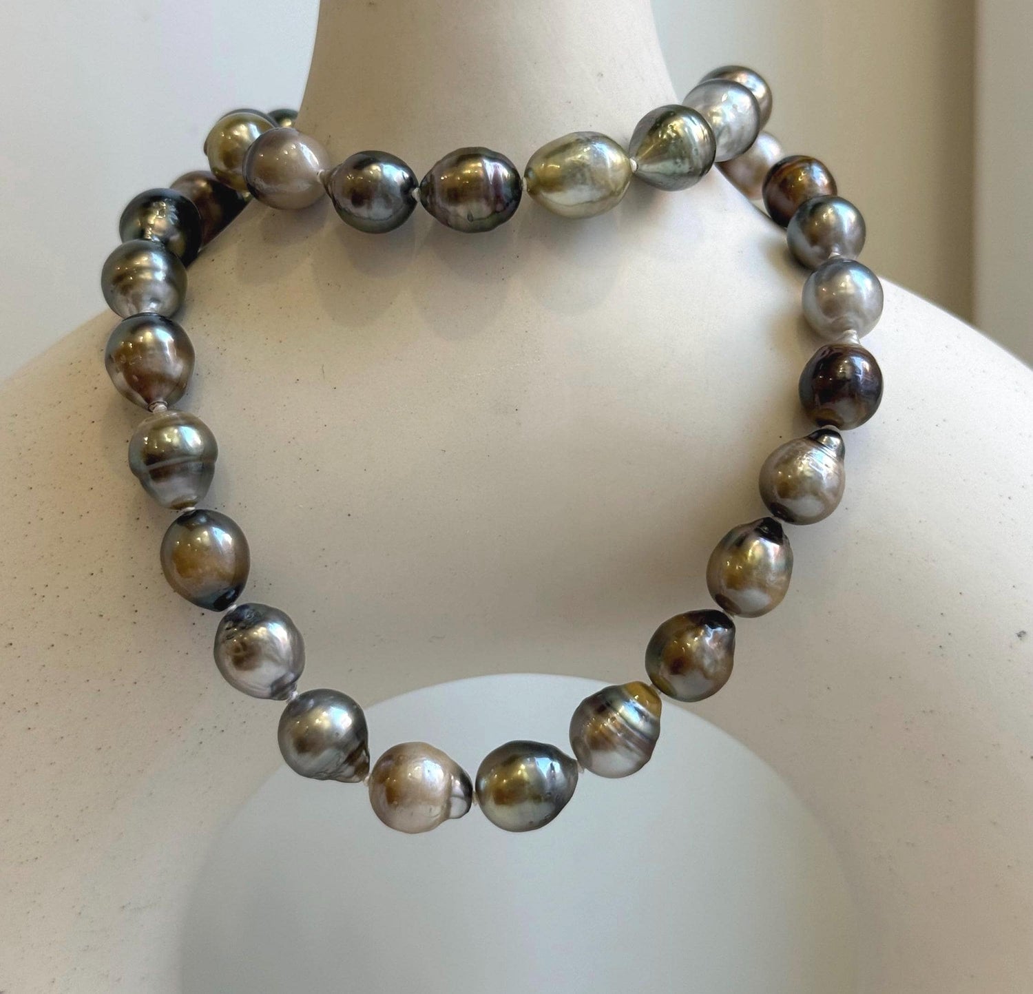Elly’s 8.2-10.4mm 39pcs Tahitian multicolor Ocean pearls necklace: Extreme luster, Hand knotted, 17.6”, S925 silver necklace strand, gift for her
