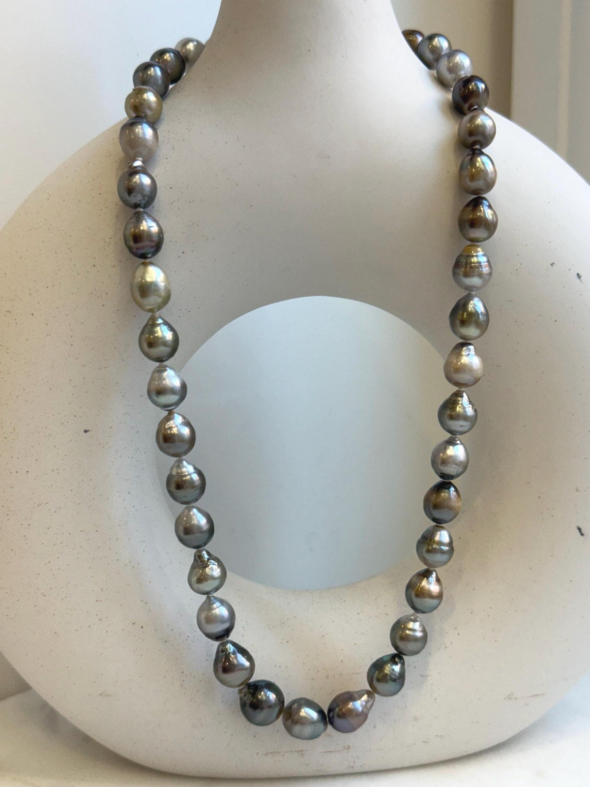 Elly’s 8.2-10.4mm 39pcs Tahitian multicolor Ocean pearls necklace: Extreme luster, Hand knotted, 17.6”, S925 silver necklace strand, gift for her