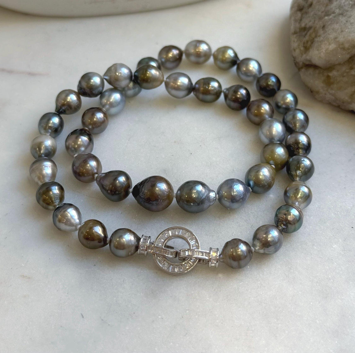Elly’s 8.1-10.6mm 41pcs Tahitian Ocean pearls necklace: Extreme luster, Hand knotted, 17.8”, S925 silver necklace strand, gift for her