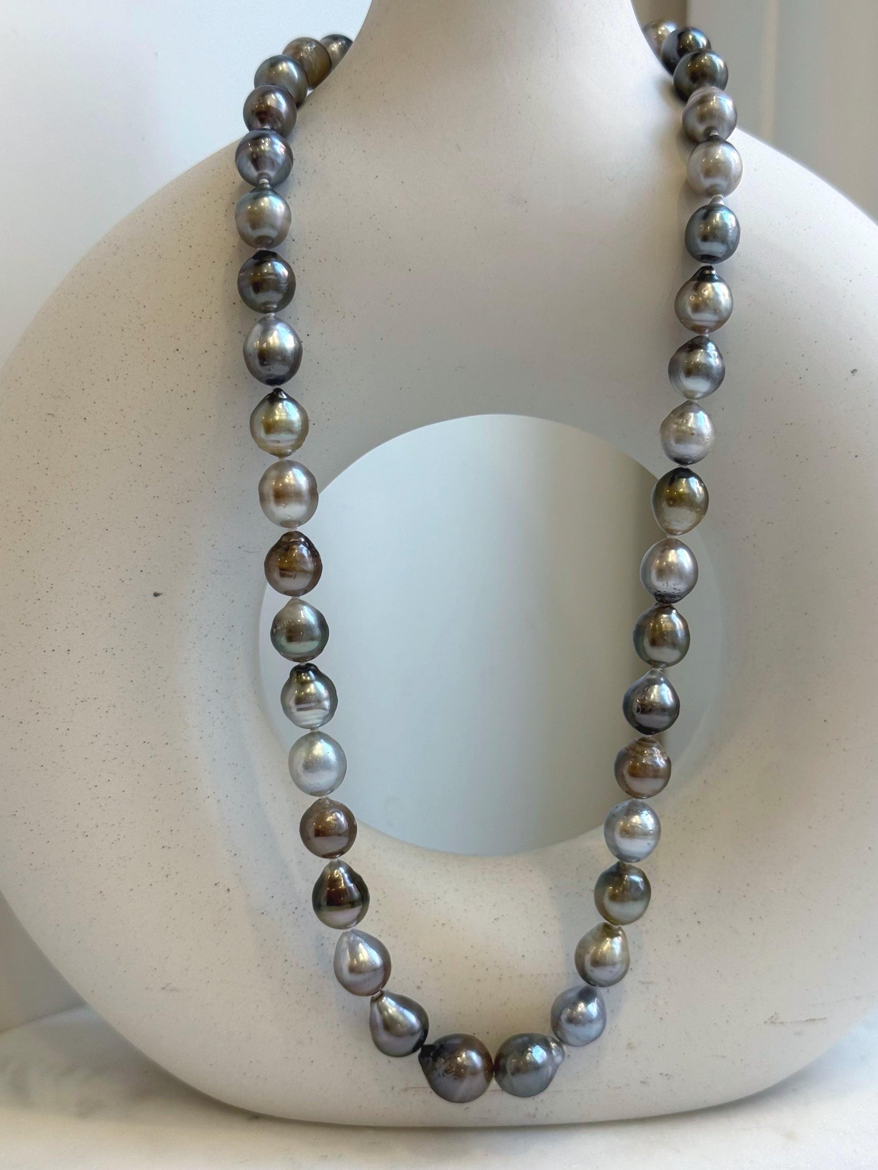 Elly’s 8.1-10.6mm 41pcs Tahitian Ocean pearls necklace: Extreme luster, Hand knotted, 17.8”, S925 silver necklace strand, gift for her