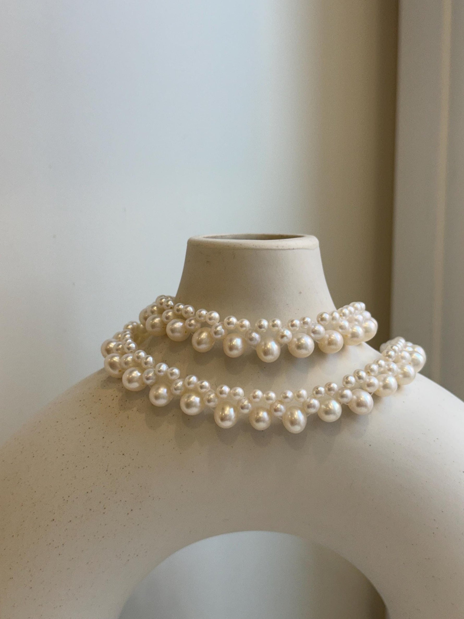 Elly’s 3-ply 3.5-6.6mm white pearls necklace: Extreme luster, Handmade, 16.1”, S925 silver magnetic clips necklace strand.gift for her