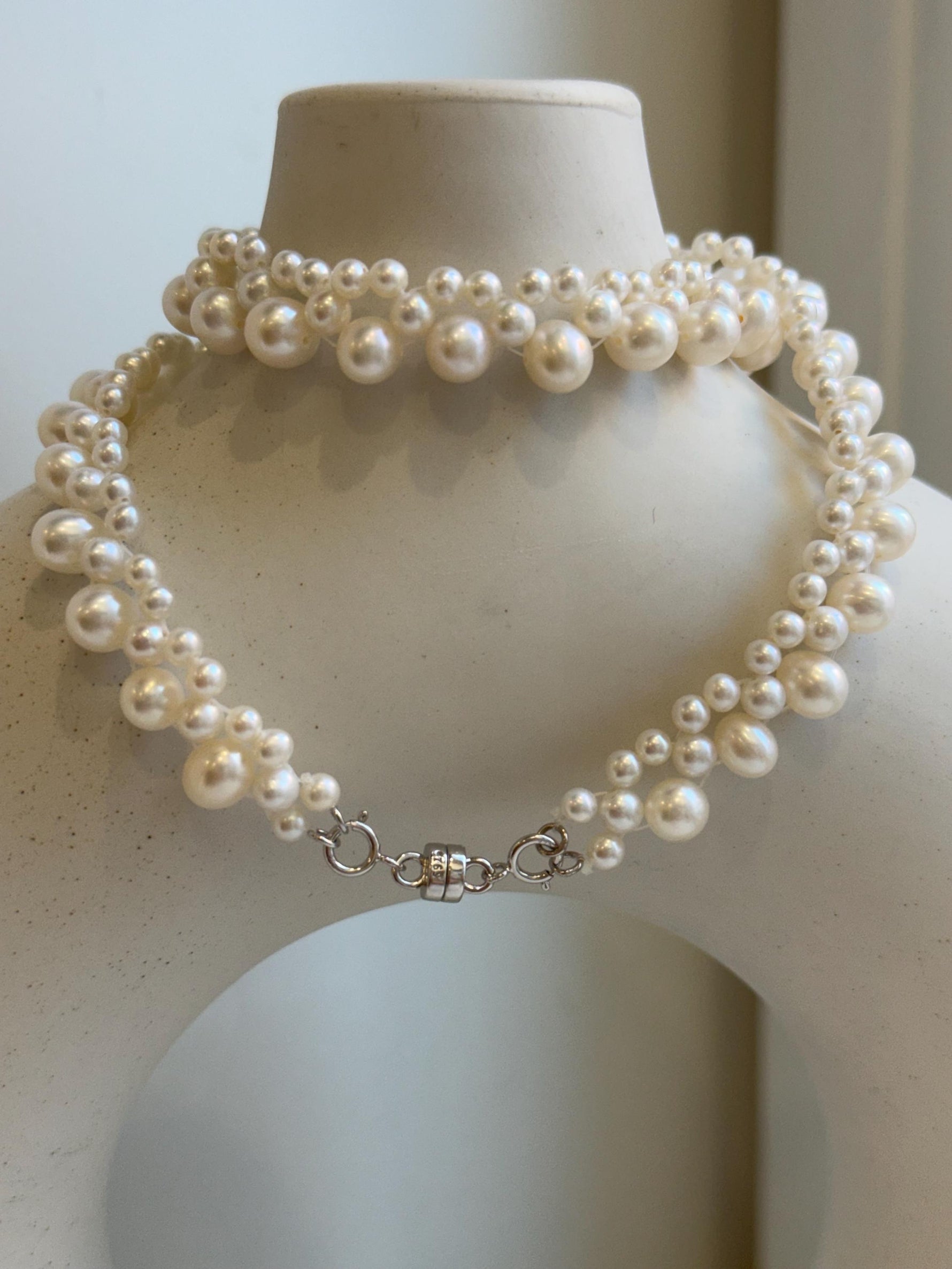 Elly’s 3-ply 3.5-6.6mm white pearls necklace: Extreme luster, Handmade, 16.1”, S925 silver magnetic clips necklace strand.gift for her daily pearls necklace