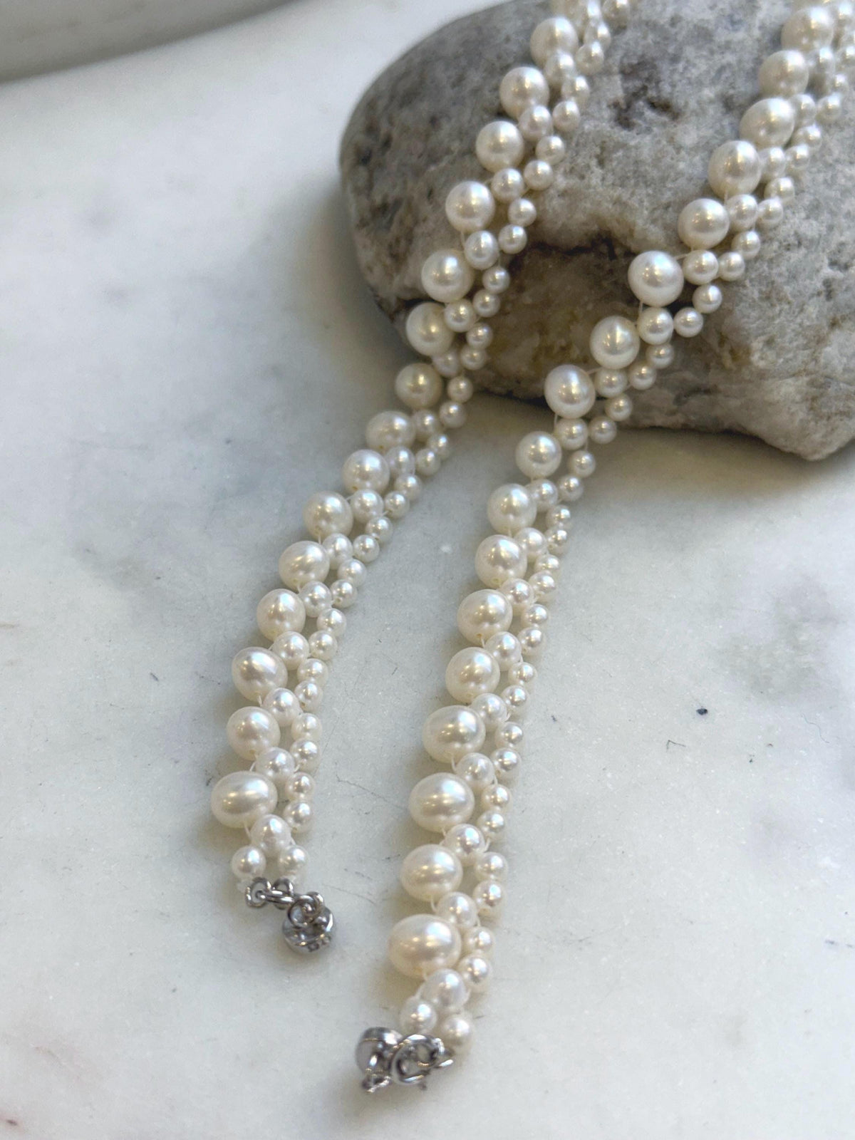 Elly’s 3-ply 3.5-6.6mm white pearls necklace: Extreme luster, Handmade, 16.1”, S925 silver magnetic clips necklace strand.gift for her