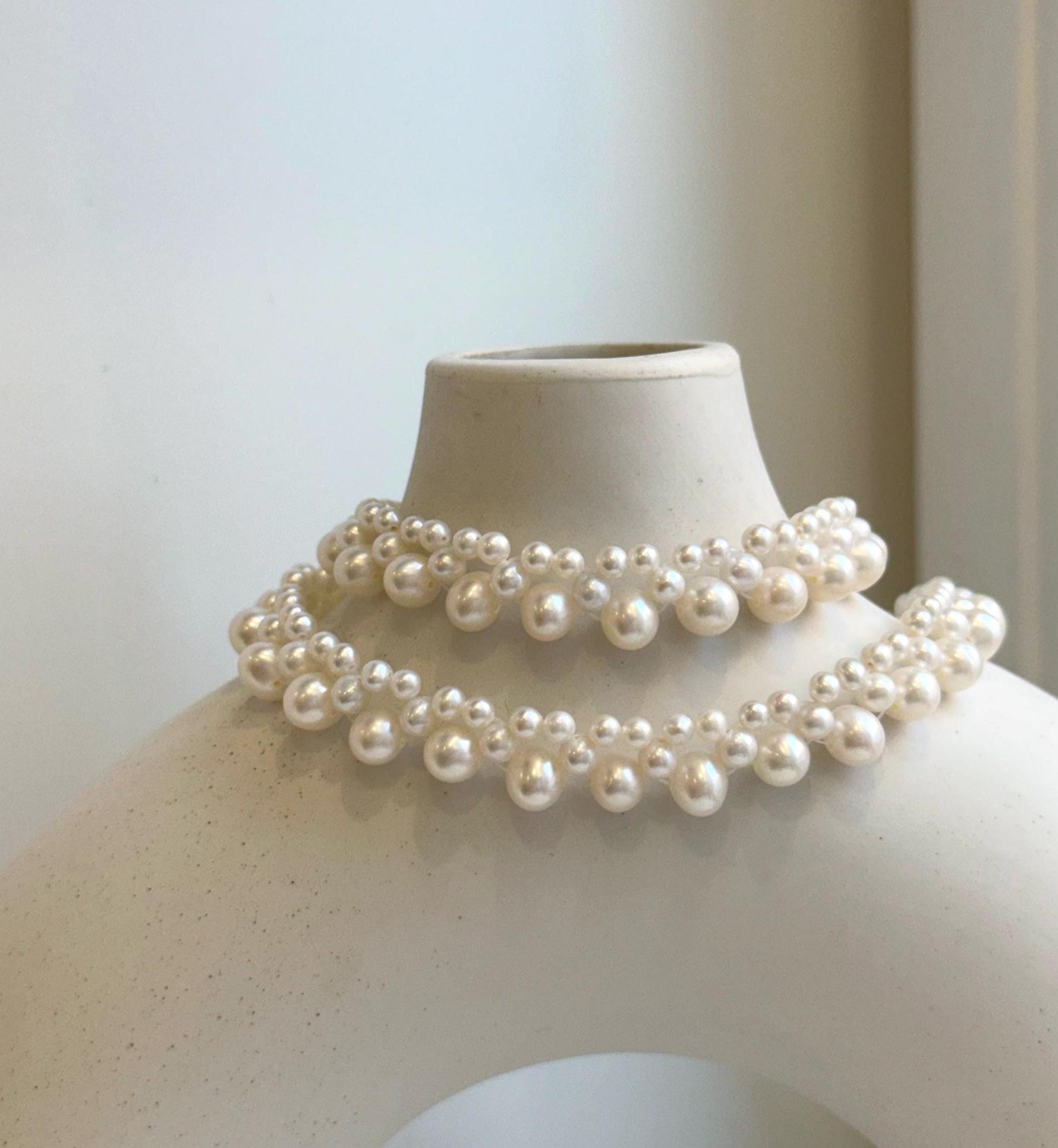 Elly’s 3-ply 3.5-6.6mm white pearls necklace: Extreme luster, Handmade, 16.1”, S925 silver magnetic clips necklace strand.gift for her holiday