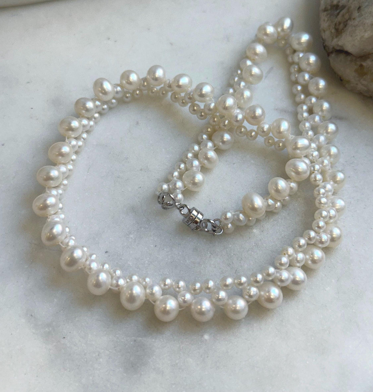 Elly’s 3-ply 3.5-6.6mm white pearls necklace: Extreme luster, Handmade, 16.1”, S925 silver magnetic clips necklace strand.gift for her