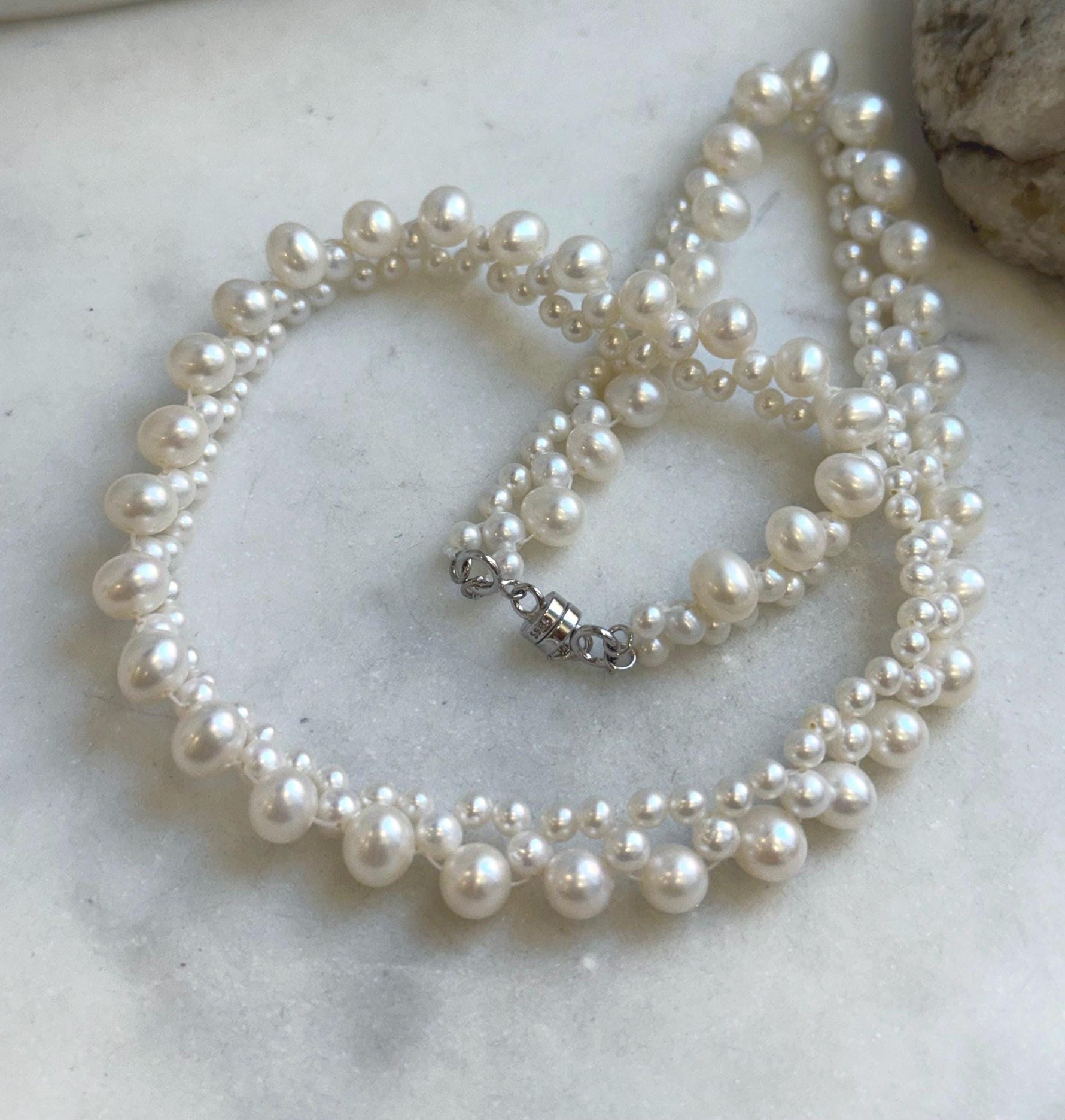 Elly’s 3-ply 3.5-6.6mm white pearls necklace: Extreme luster, Handmade, 16.1”, S925 silver magnetic clips necklace strand.gift for her