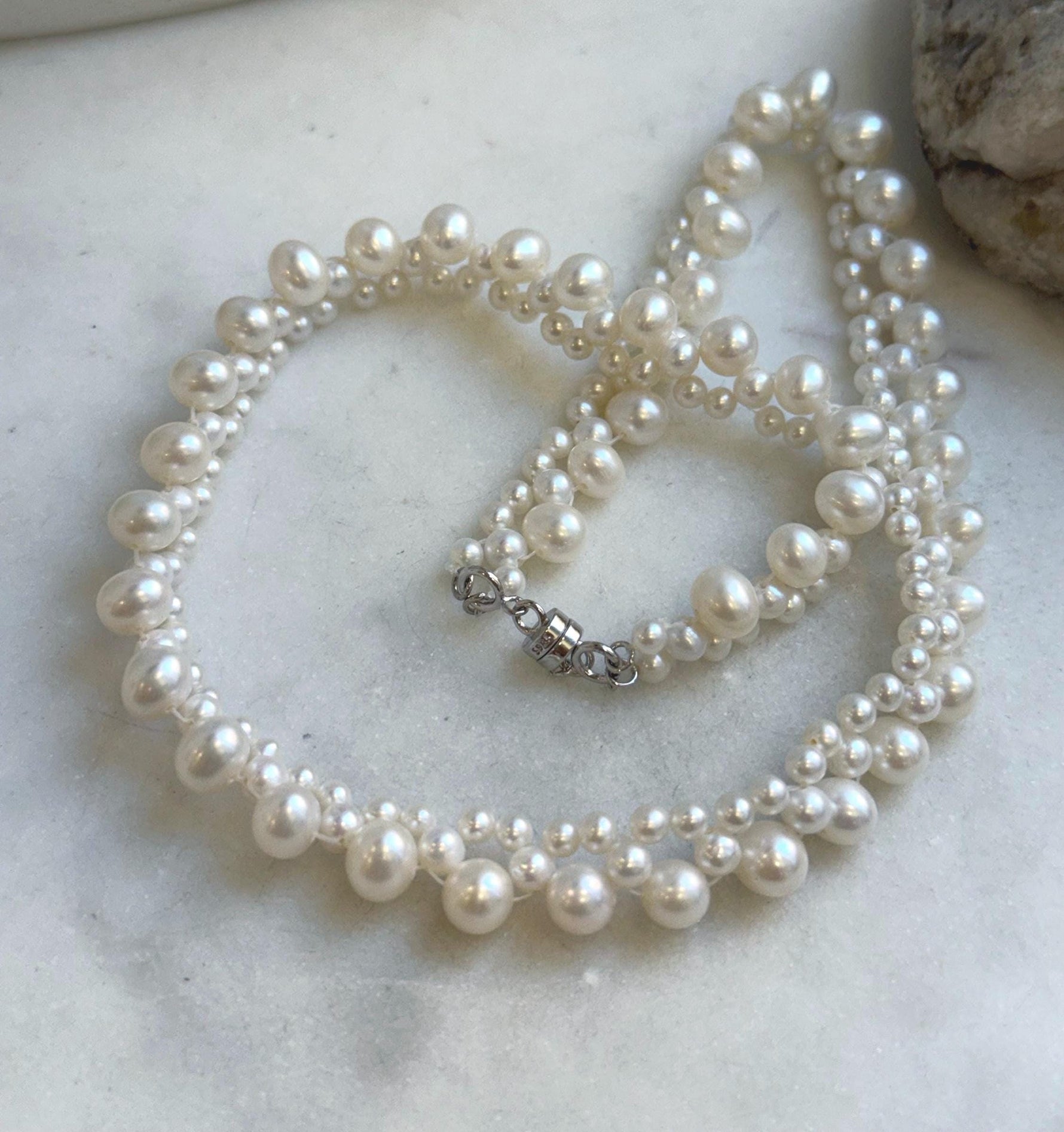 Elly’s 3-ply 3.5-6.6mm white pearls necklace: Extreme luster, Handmade, 16.1”, S925 silver magnetic clips necklace strand.gift for her