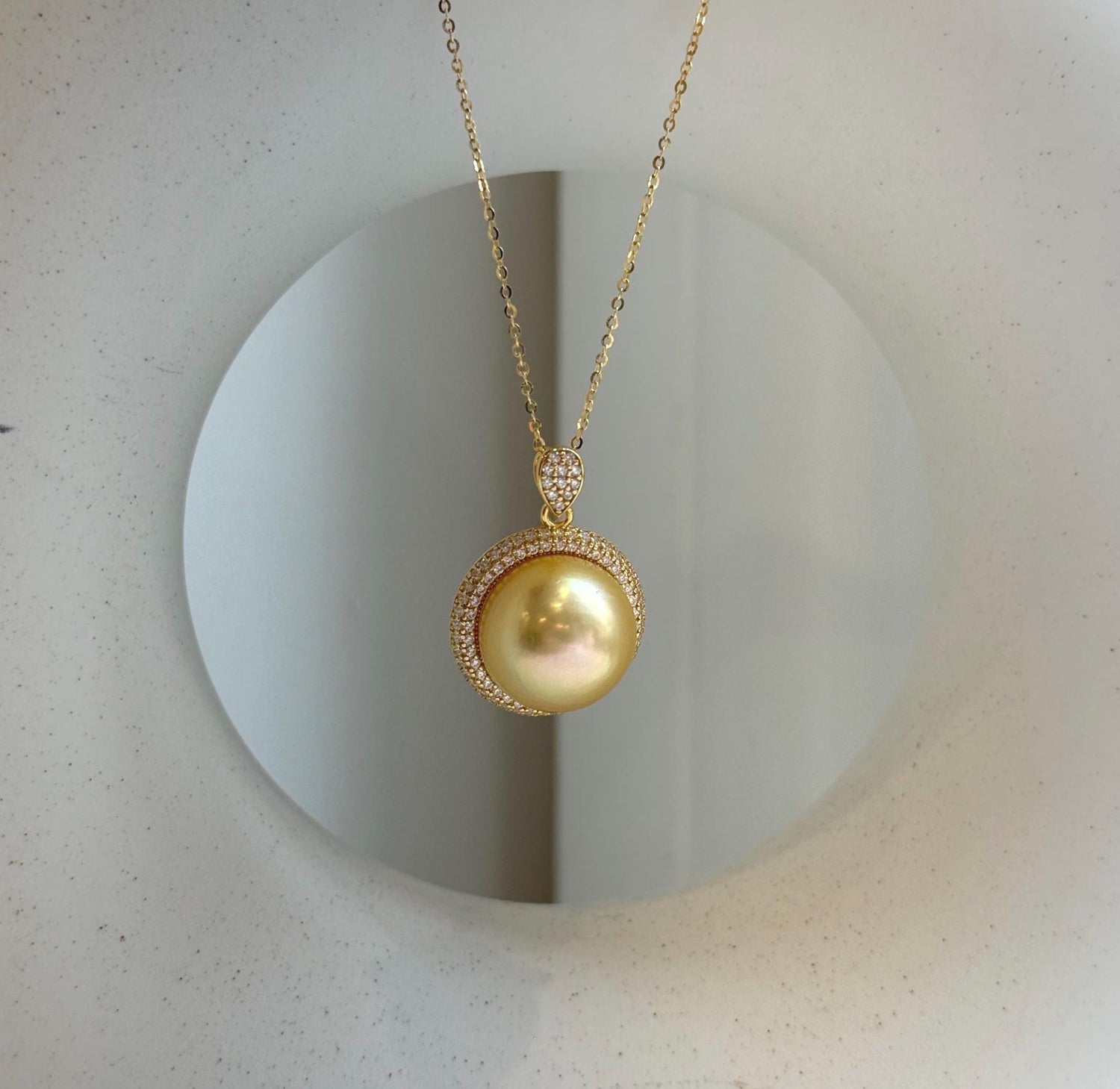 Elly’s 14.9mm Huge South Sea Gold iridescentocean Pearl pendant: Extreme luster mirrored. S925 silver vintage pendant necklace set.gift for her birthday