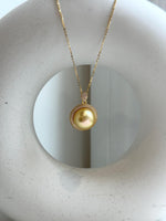 Elly’s 14.9mm Huge South Sea Gold iridescentocean Pearl pendant: Extreme luster mirrored. S925 silver vintage pendant necklace set.gift for her holiday