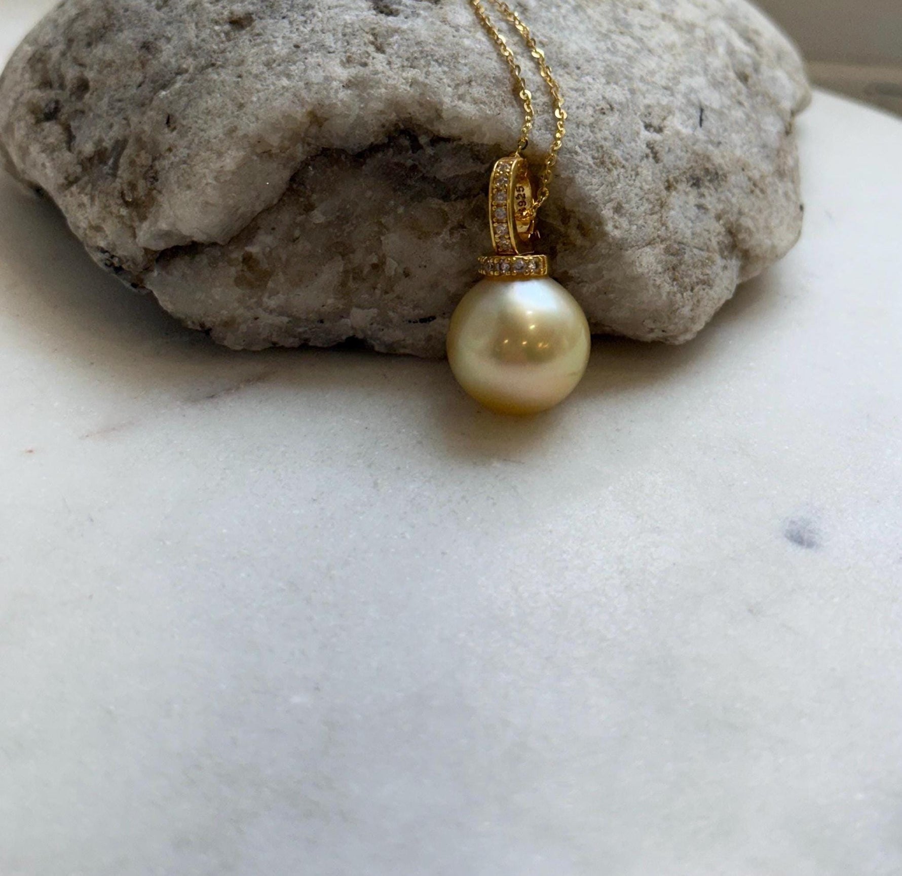Elly’s 14.4mm Huge South Sea ultra gold ocean Pearl pendant: Extreme luster mirrored. S925 silver with gold plated minimalist pendant set. gift for her