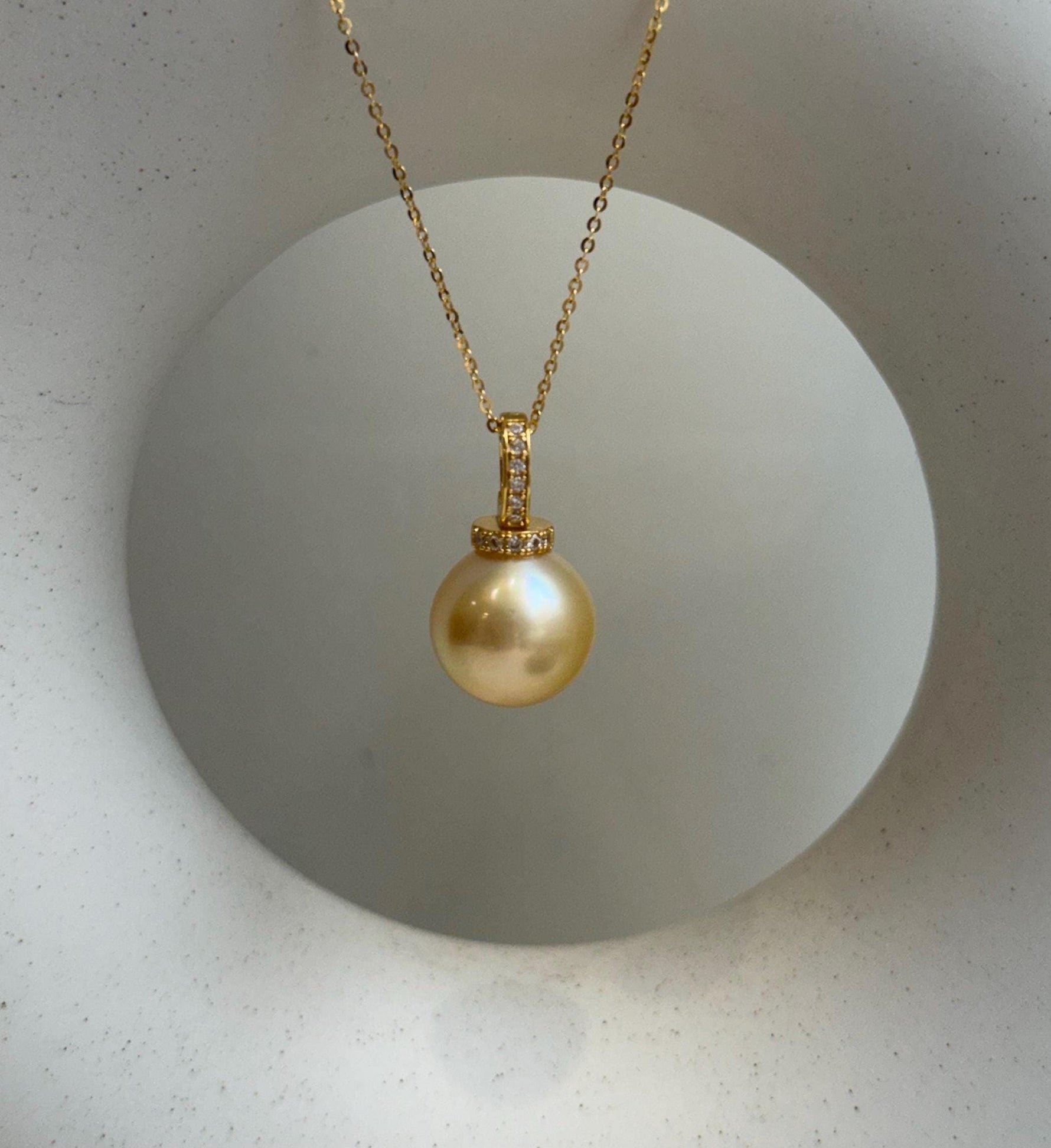 Elly’s 14.4mm Huge South Sea ultra gold ocean Pearl pendant: Extreme luster mirrored. S925 silver with gold plated minimalist pendant set. gift for her
