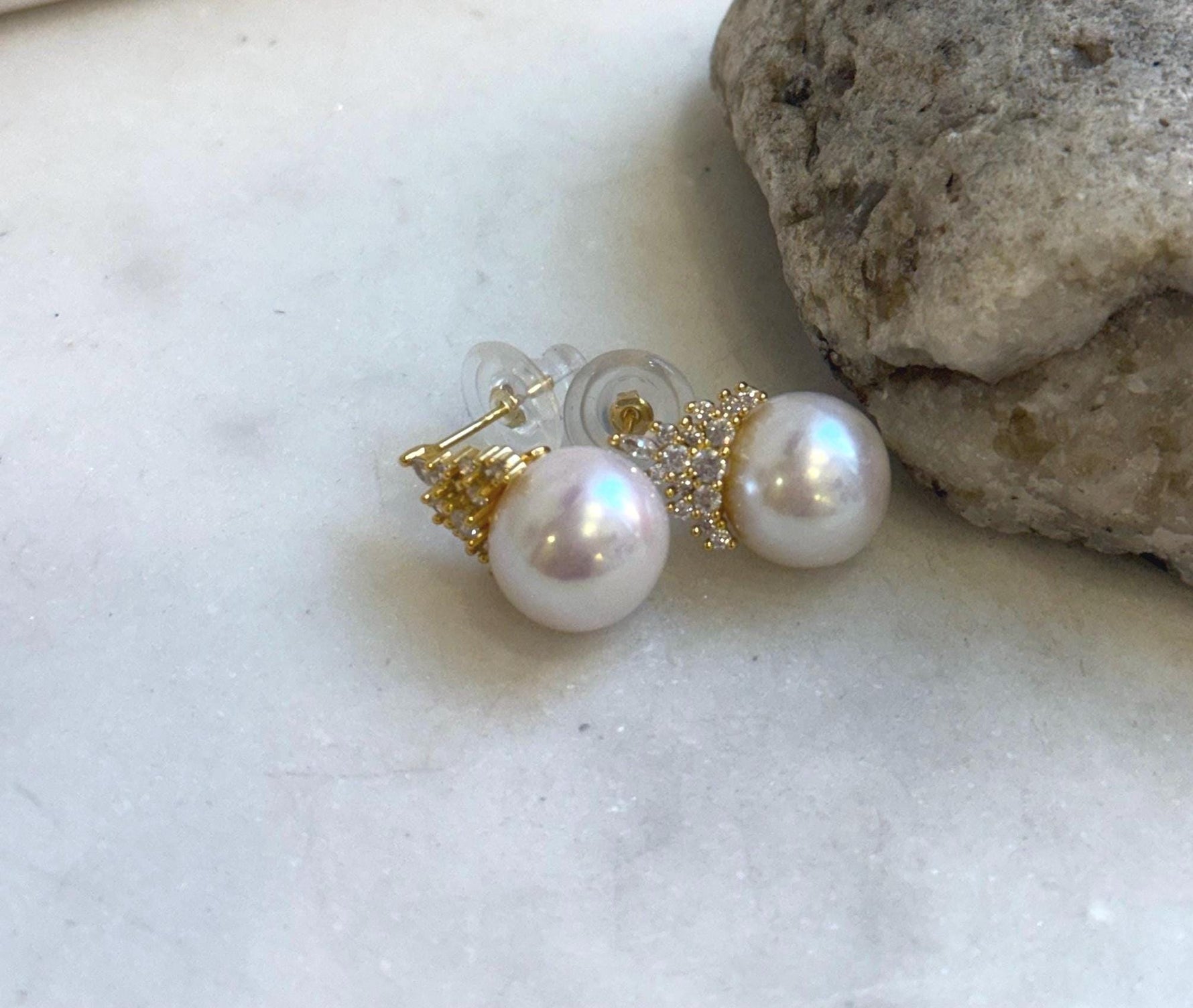 Elly’s 12.1mm Edison white Pearls pink hue Crown Earrings: Extreme luster Mirrored, 2cm high, S925 silver earrings.gift for her anniversary
