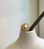 Elly’s 14.2mm South sea Tea gold ocean pearl Ring: Extreme luster mirrored, 2cm dia, S925 silver with gold plated adjustable Vintage Ring. gift for her anniversary