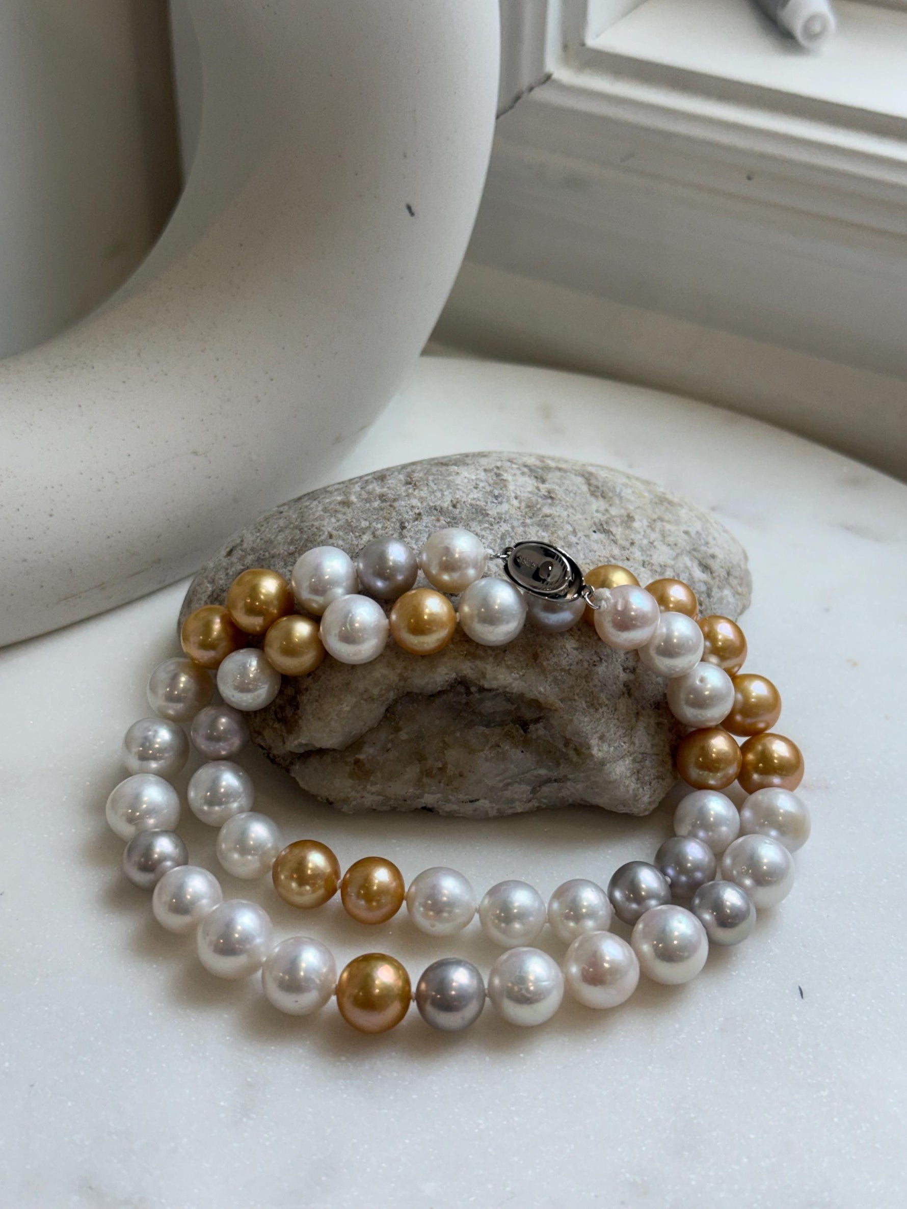 46pcs 9.5-11.5mm White Golden Silver Edison Round Pearls Necklace: Extreme luster mirrored, hand knotted, 20.1” S925 silver necklace. gift for her
