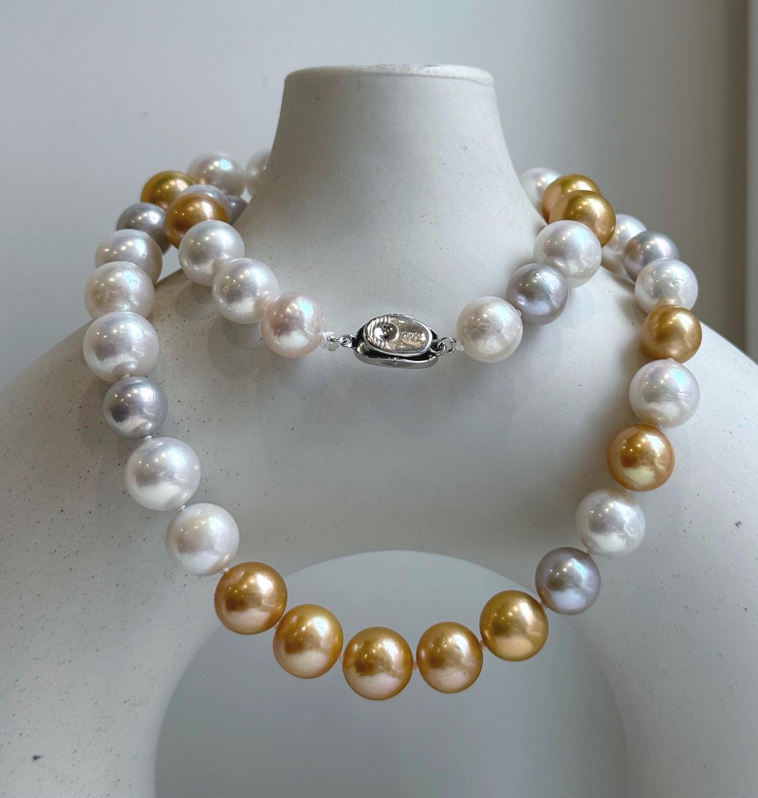 46pcs 9.5-11.5mm White Golden Silver Edison Round Pearls Necklace: Extreme luster mirrored, hand knotted, 20.1” S925 silver necklace. gift for her