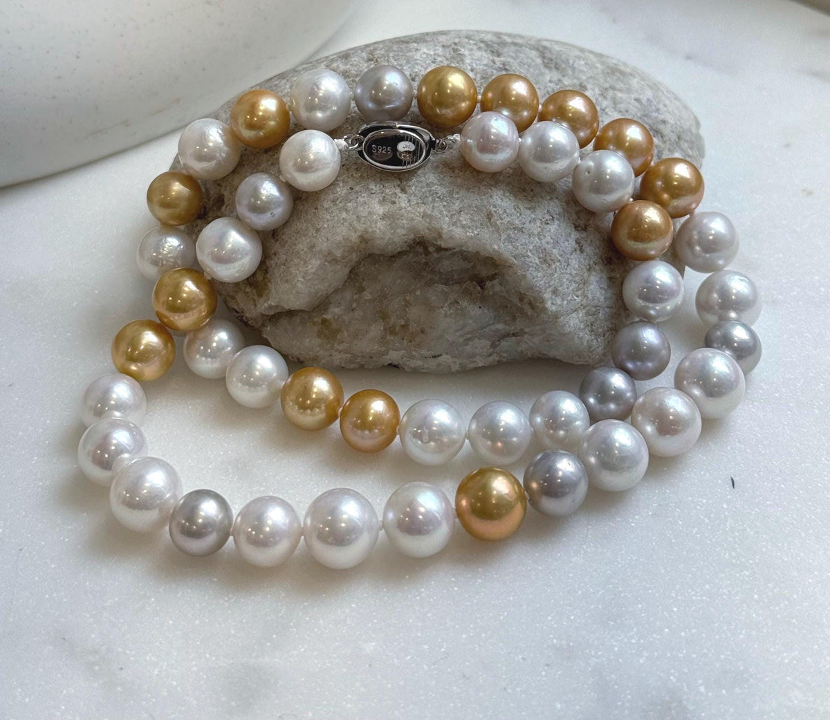 46pcs 9.5-11.5mm White Golden Silver Edison Round Pearls Necklace: Extreme luster mirrored, hand knotted, 20.1” S925 silver necklace. gift for her anniversary