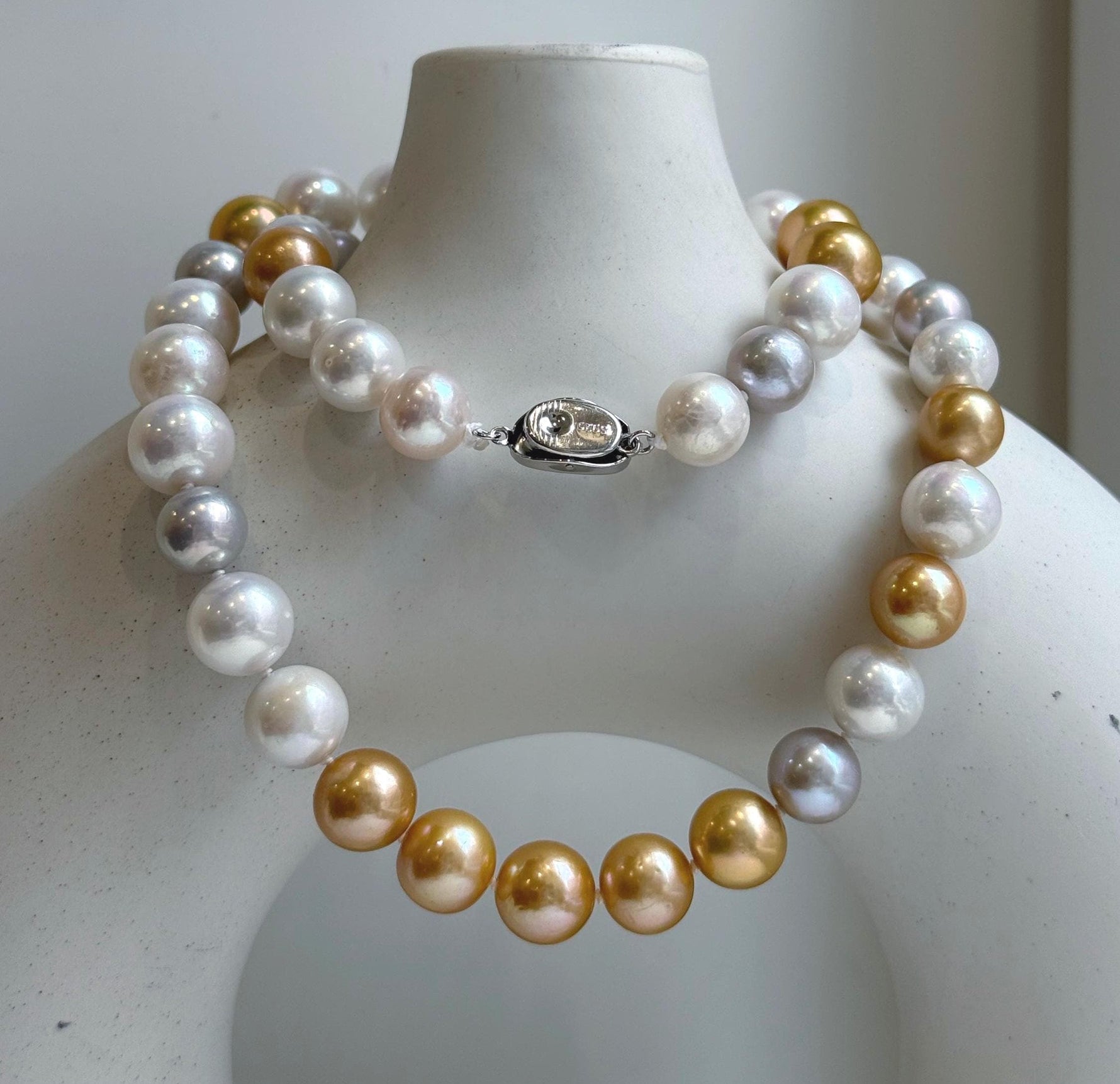 46pcs 9.5-11.5mm White Golden Silver Edison Round Pearls Necklace: Extreme luster mirrored, hand knotted, 20.1” S925 silver necklace. gift for her