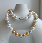 46pcs 9.5-11.5mm White Golden Silver Edison Round Pearls Necklace: Extreme luster mirrored, hand knotted, 20.1” S925 silver necklace. gift for her