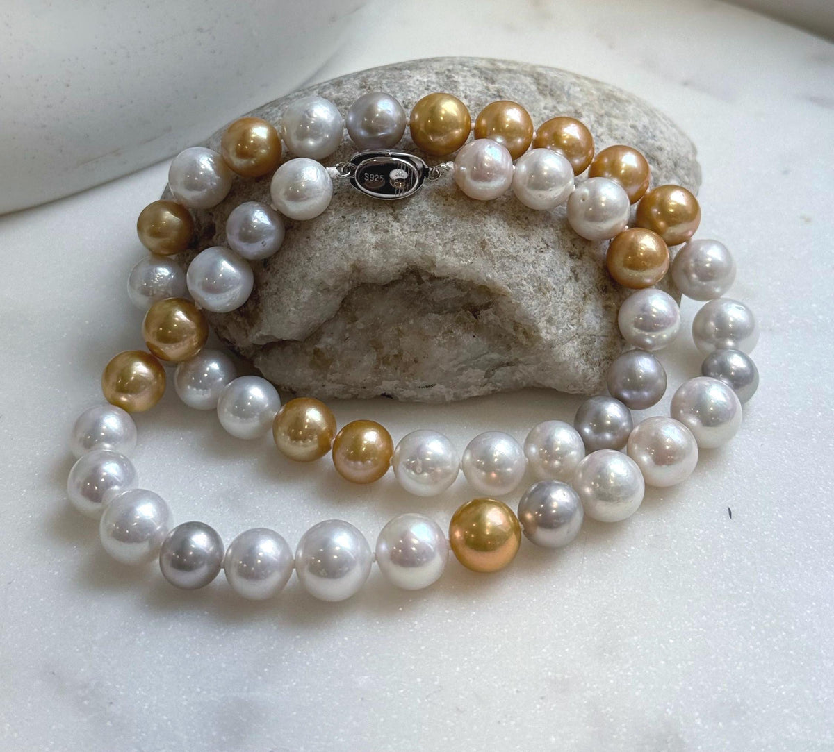 46pcs 9.5-11.5mm White Golden Silver Edison Round Pearls Necklace: Extreme luster mirrored, hand knotted, 20.1” S925 silver necklace. gift for her