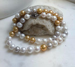 46pcs 9.5-11.5mm White Golden Silver Edison Round Pearls Necklace: Extreme luster mirrored, hand knotted, 20.1” S925 silver necklace. gift for her