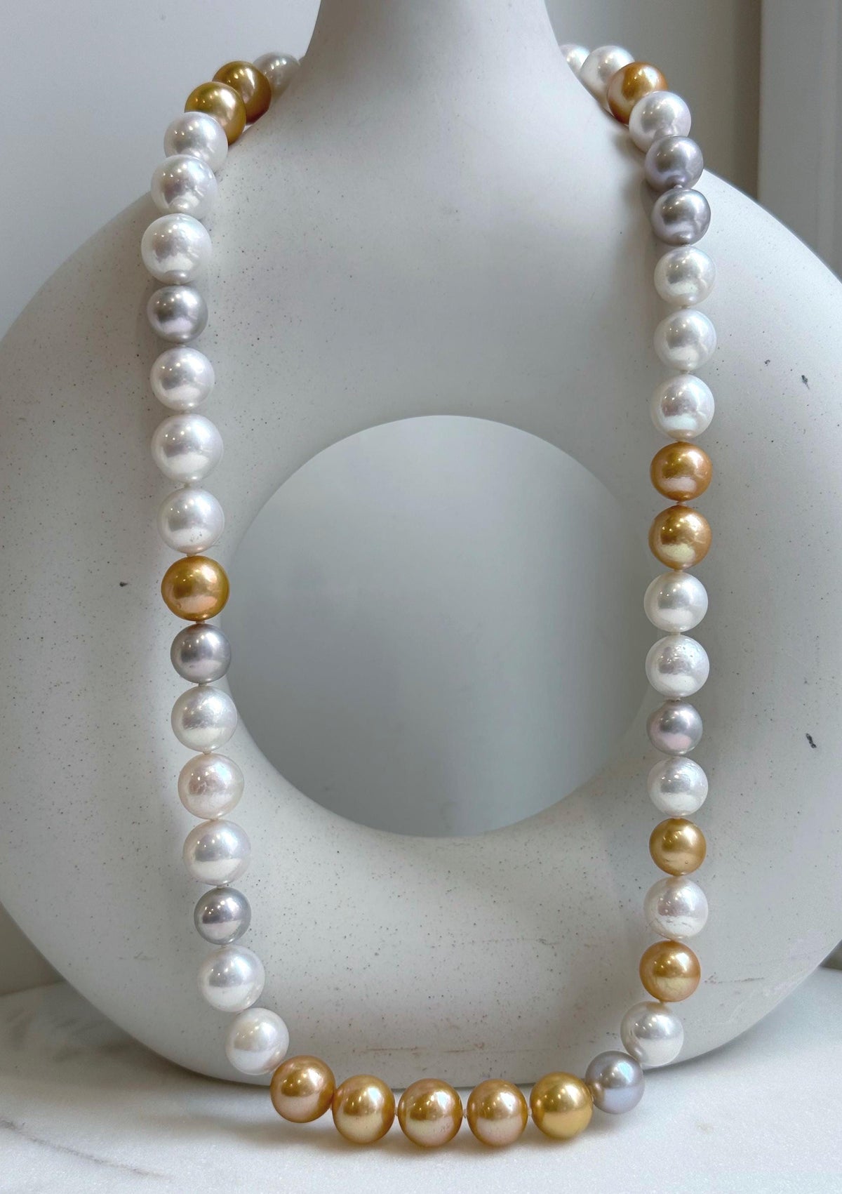 46pcs 9.5-11.5mm White Golden Silver Edison Round Pearls Necklace: Extreme luster mirrored, hand knotted, 20.1” S925 silver necklace. gift for her