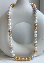 46pcs 9.5-11.5mm White Golden Silver Edison Round Pearls Necklace: Extreme luster mirrored, hand knotted, 20.1” S925 silver necklace. gift for her
