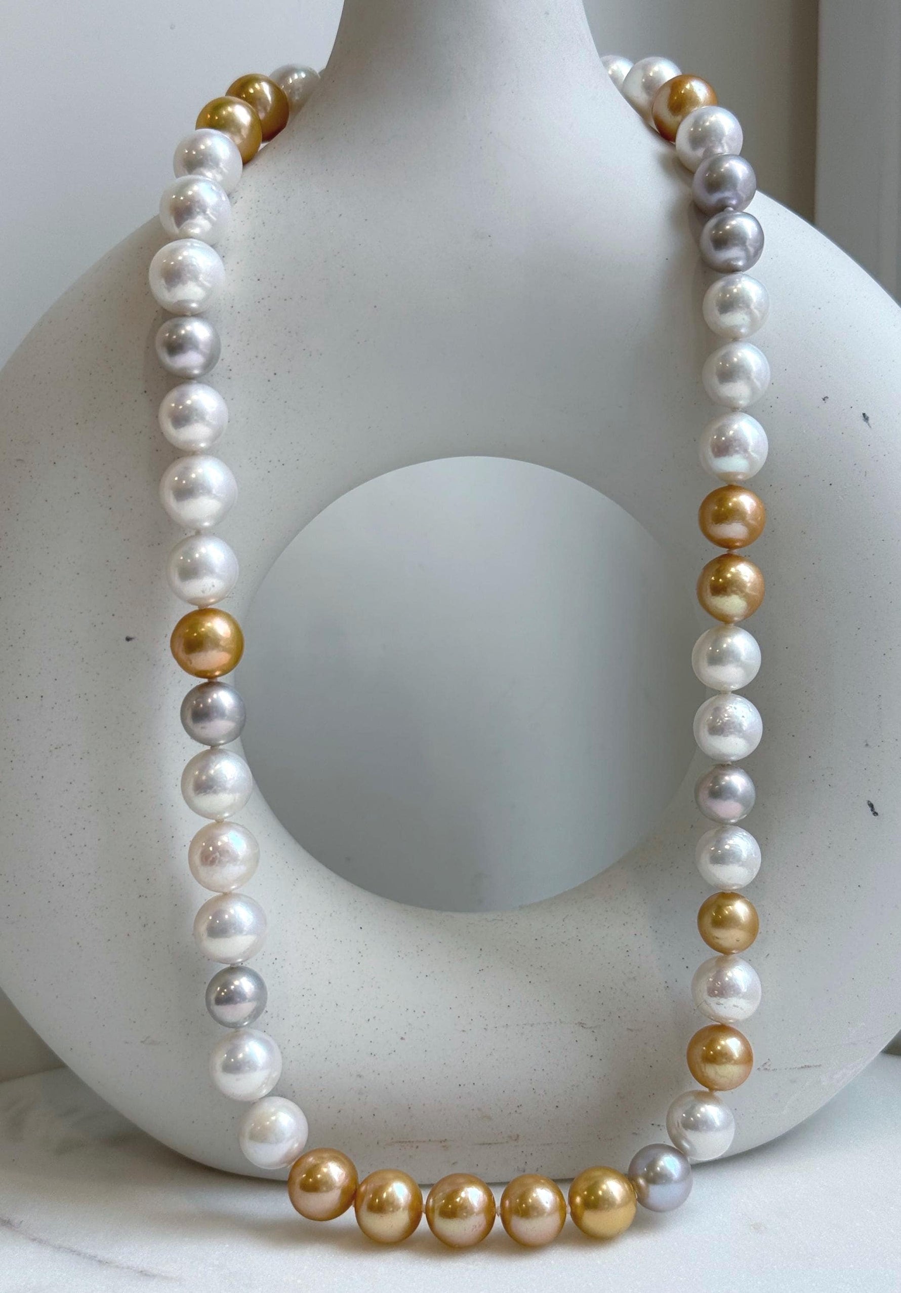 46pcs 9.5-11.5mm White Golden Silver Edison Round Pearls Necklace: Extreme luster mirrored, hand knotted, 20.1” S925 silver necklace. gift for her