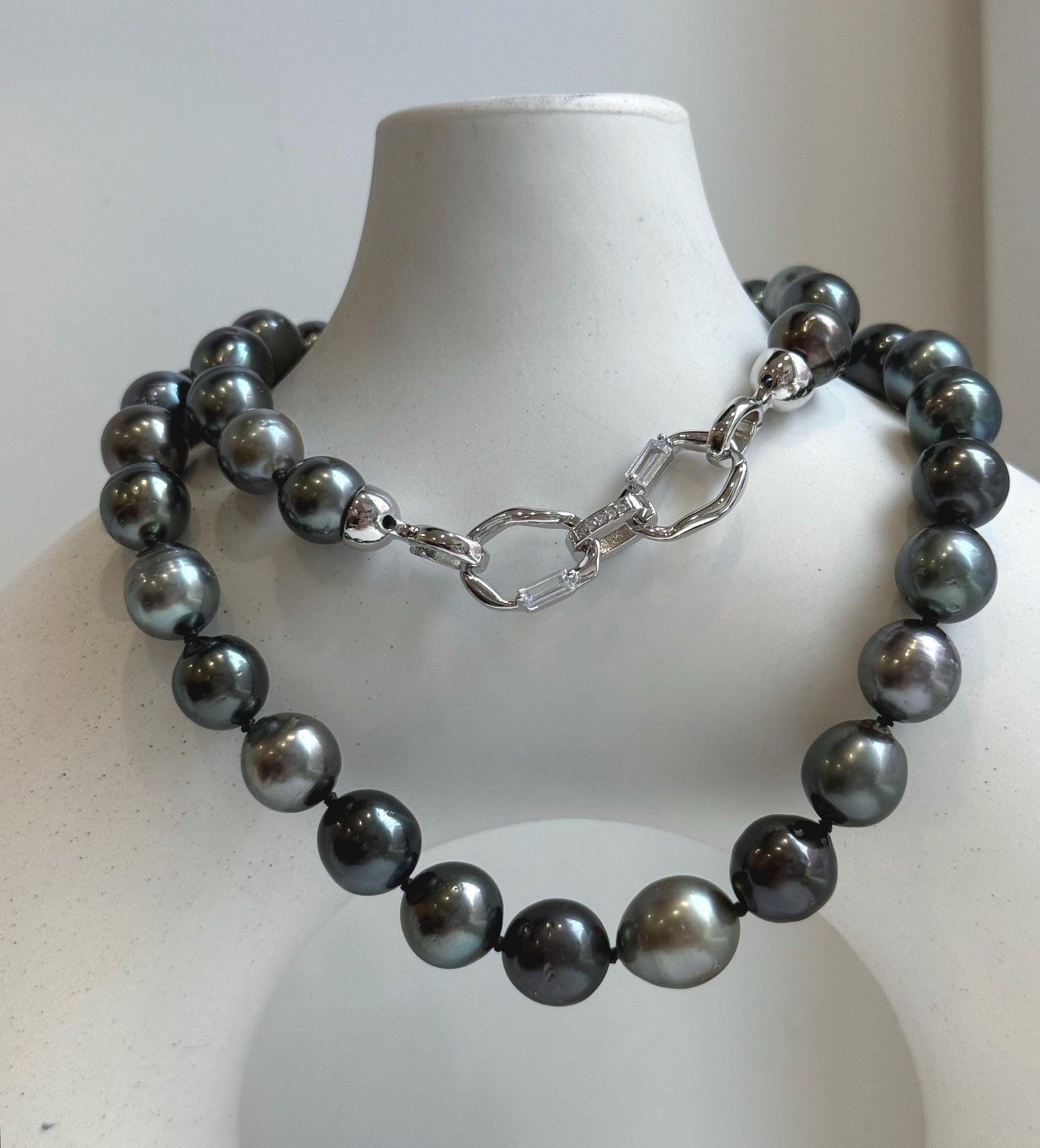 Elly’s 43pcs 8.9-11.1mm Tahitian Multicolor Ocean Pearls Necklace: extreme luster mirrored, knotted 20.5”, S925 silver necklace.
