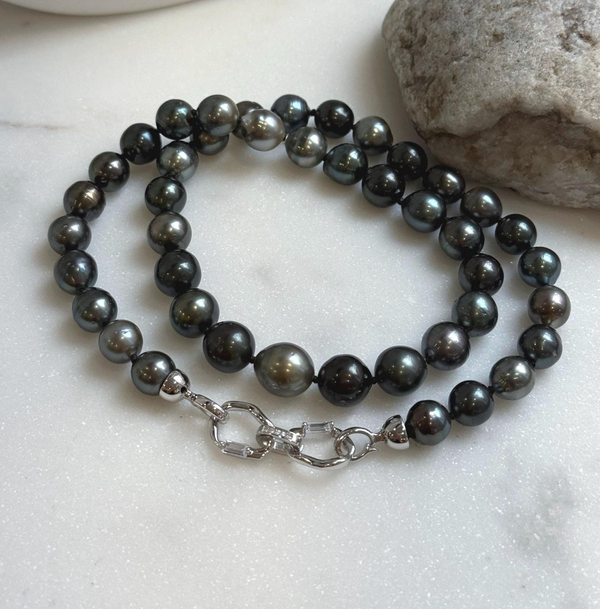 Elly’s 43pcs 8.9-11.1mm Tahitian Multicolor Ocean Pearls Necklace: extreme luster mirrored, knotted 20.5”, S925 silver necklace.gift for her anniversary