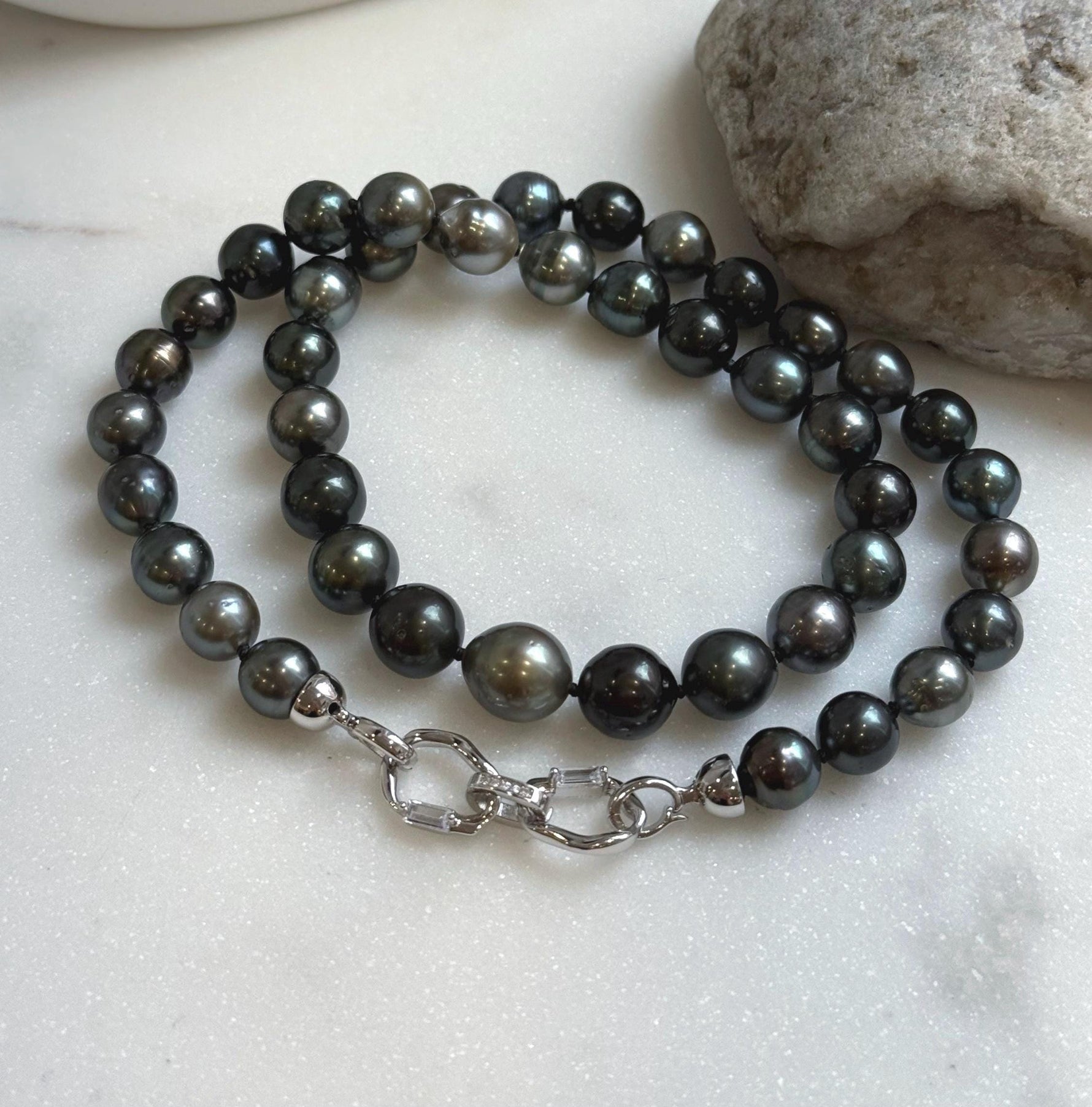 Elly’s 43pcs 8.9-11.1mm Tahitian Multicolor Ocean Pearls Necklace: extreme luster mirrored, knotted 20.5”, S925 silver necklace.gift for her anniversary