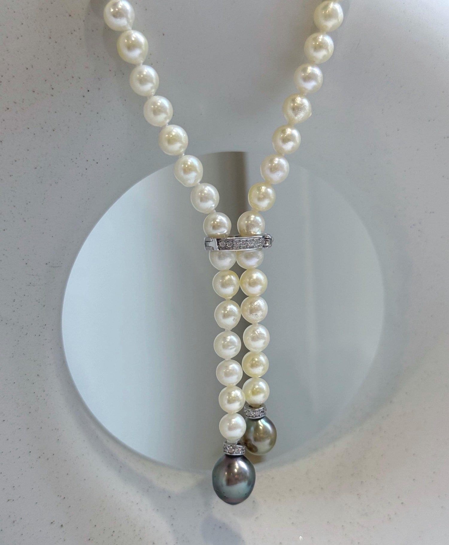 Elly’s 26” Akoya light golden Tahitian ocean pearls necklace:Extreme luster mirrored, knotted, S925 silver necklace strand.